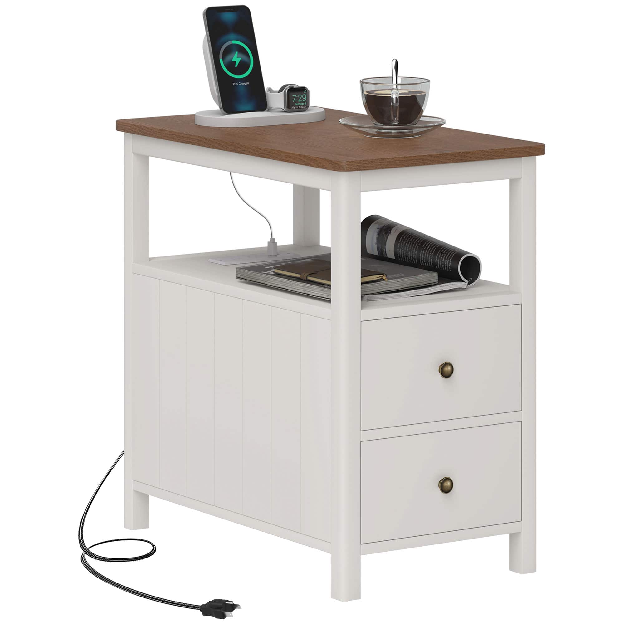 Homcom - Modern End Table with Charging Station and USB Ports, Narrow Side Table with Drawers & Shelf for Living Room - White