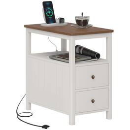 Homcom - Modern End Table with Charging Station and USB Ports, Narrow Side Table with Drawers & Shelf for Living Room - White