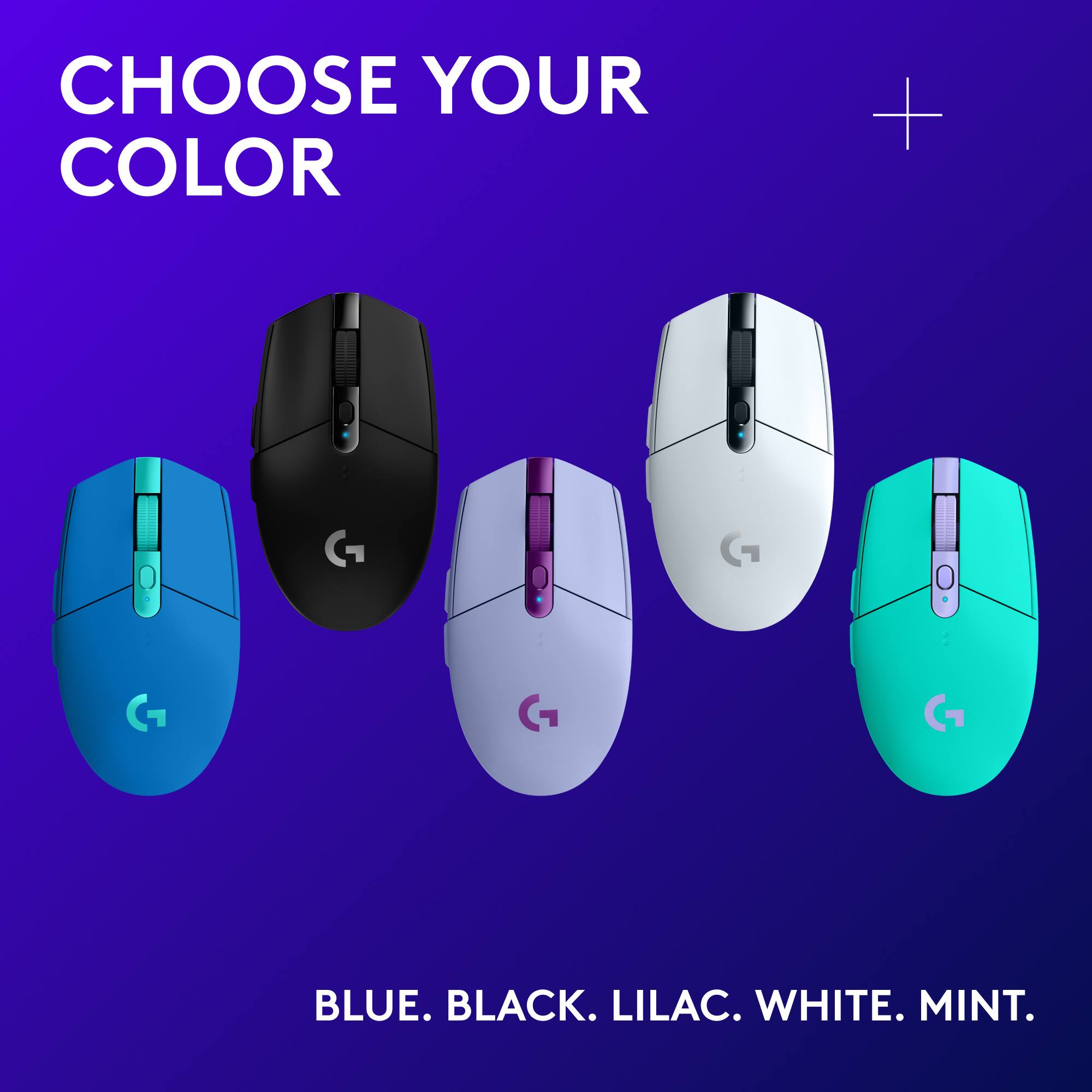 Choose your color: Blue, Black, Lilac, White, Mint.