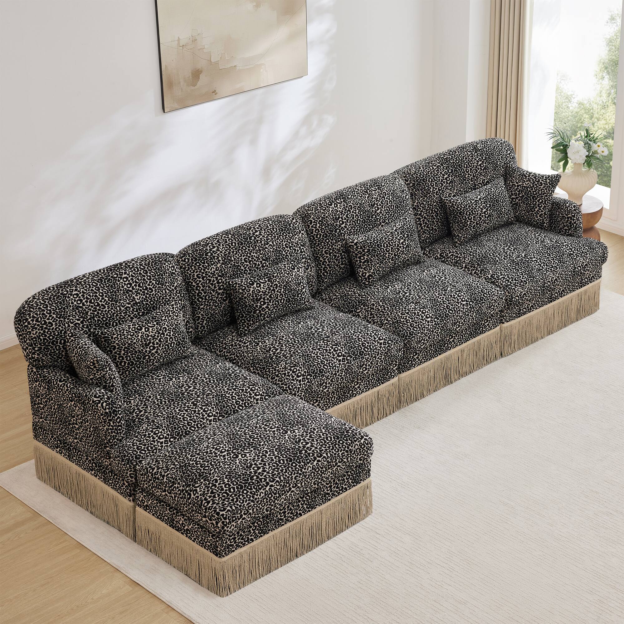 Angle. Anysun - 131" Chenille Leopard L-Shaped Sofa, Tassel Edge, Movable Ottoman, Ergonomic, Easy Assembly, Deep Seat - Khaki.
