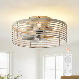 Vaczon - 18" Industrial Caged Ceiling Fan with Light and Remote, 6-Speed Reversible DC Motor, Flush Mount Ceiling Fan - Distressed silver
