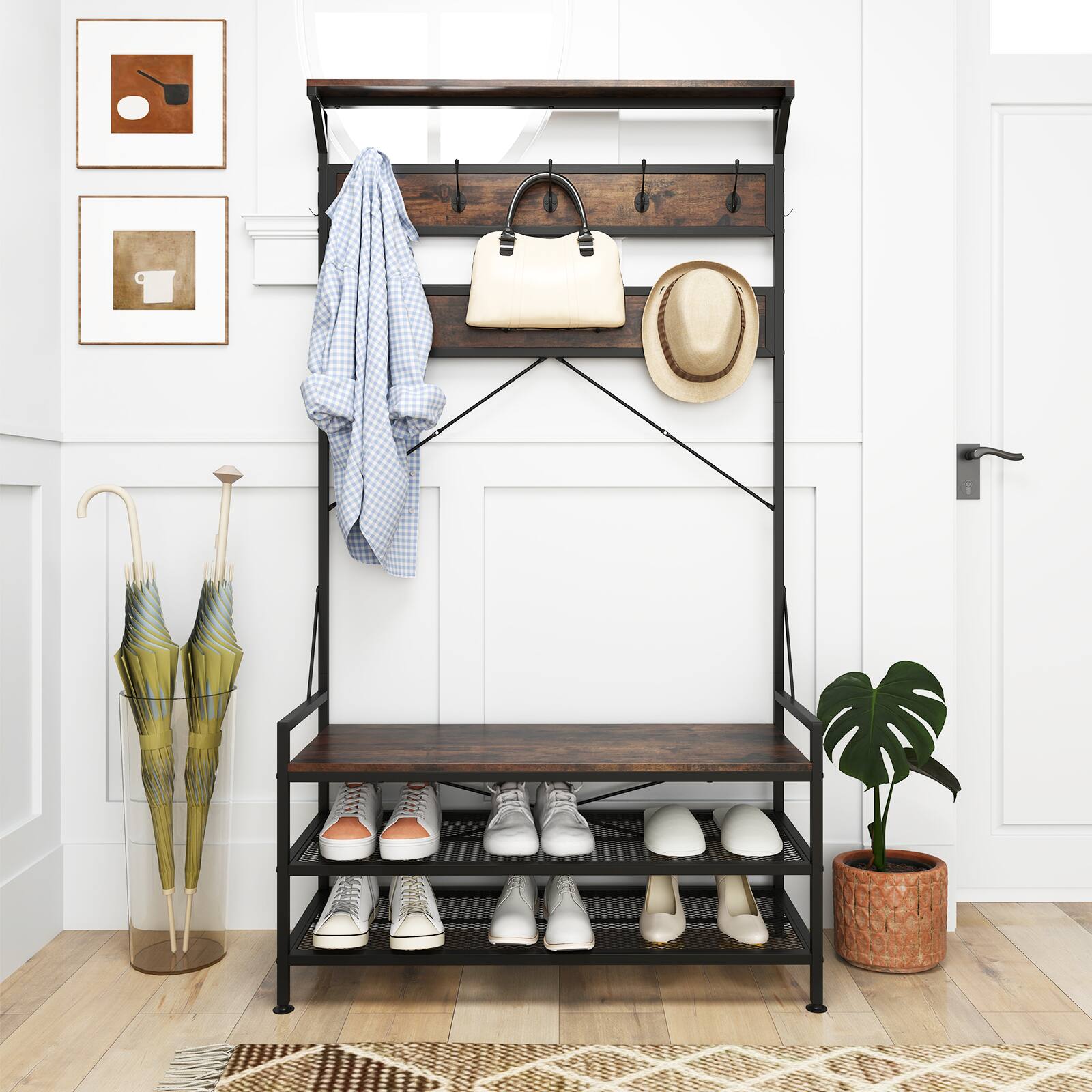 Alt View 3. Costway - Costway Coat Rack 4-In-1 Hall Tree with 11 Hanging Hooks, Shoe Bench, 2-Tier Shoe Rack, Brown - Brown.