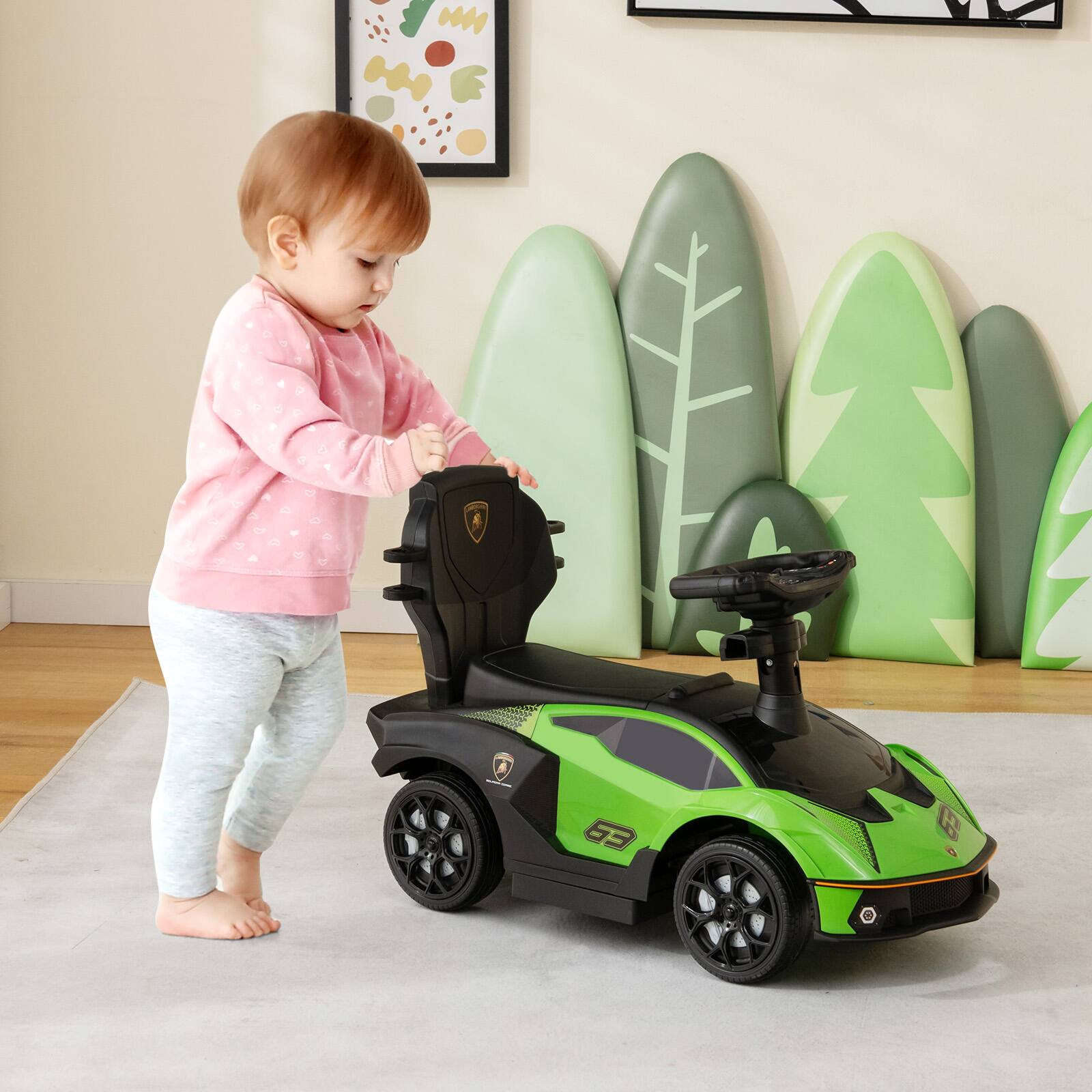Alt View 3. Costway - Costway 3-in-1 Licensed Lamborghini Ride on Push Car Stroller Sliding Car w/ Sound - Green.