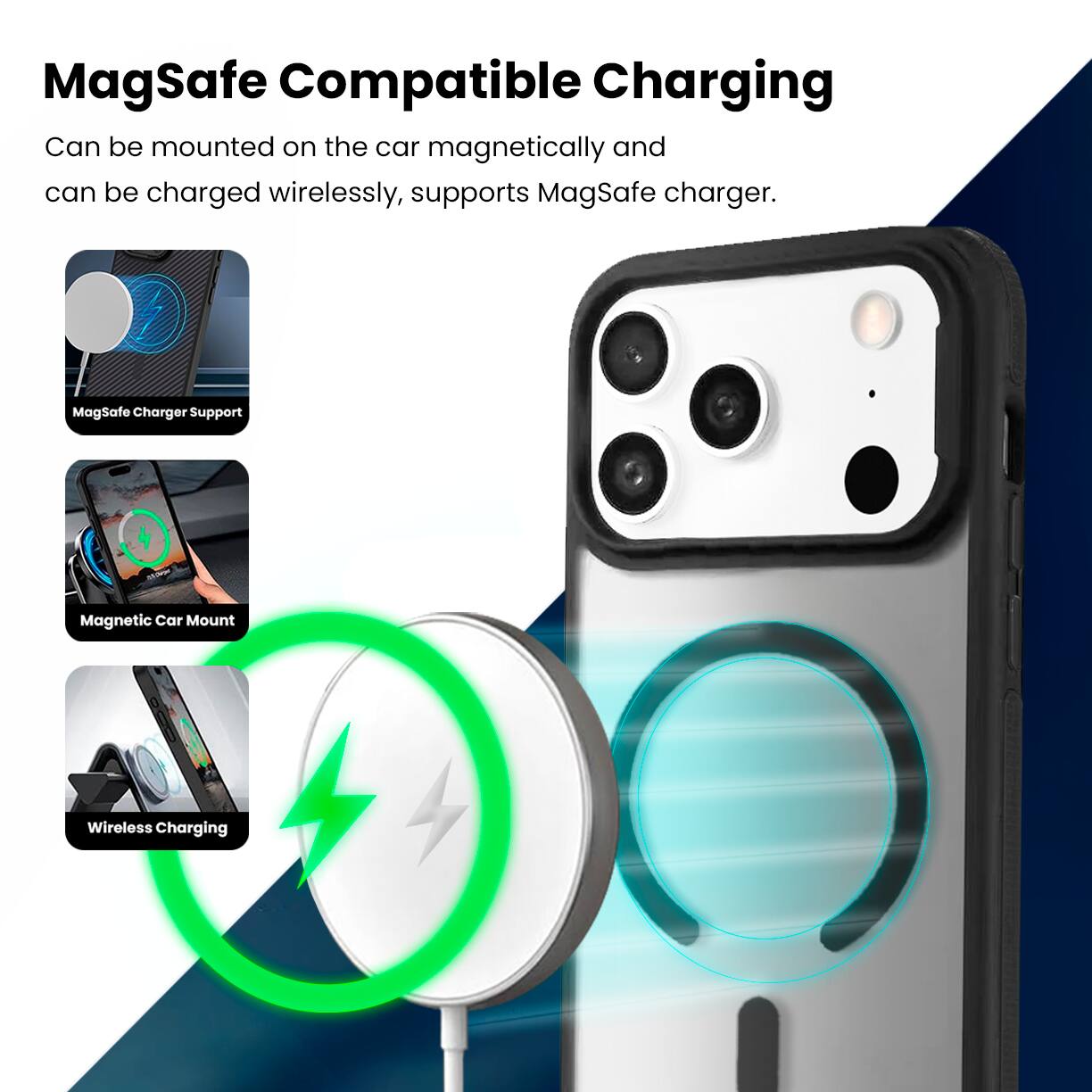 MagSafe Compatible Charging

Can be mounted on the car magnetically and can be charged wirelessly, supports MagSafe charger.

- MagSafe Charger Support
- Magnetic Car Mount
- Wireless Charging