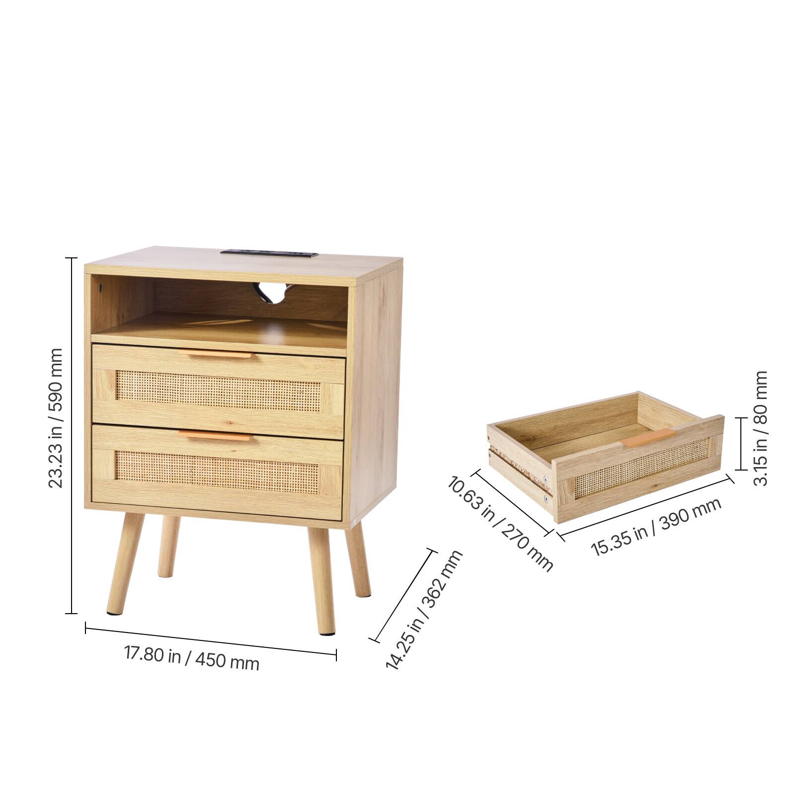 - Height: 23.23 in / 590 mm
- Width: 17.80 in / 450 mm
- Depth: 14.25 in / 362 mm
- Drawer 1: 10.63 in / 270 mm (width) x 15.35 in / 390 mm (depth)
- Drawer 2: 10.63 in / 270 mm (width) x 15.35 in / 390 mm (depth)
- Shelf: 15.35 in / 390 mm (width) x 3.15 in / 80 mm (depth)