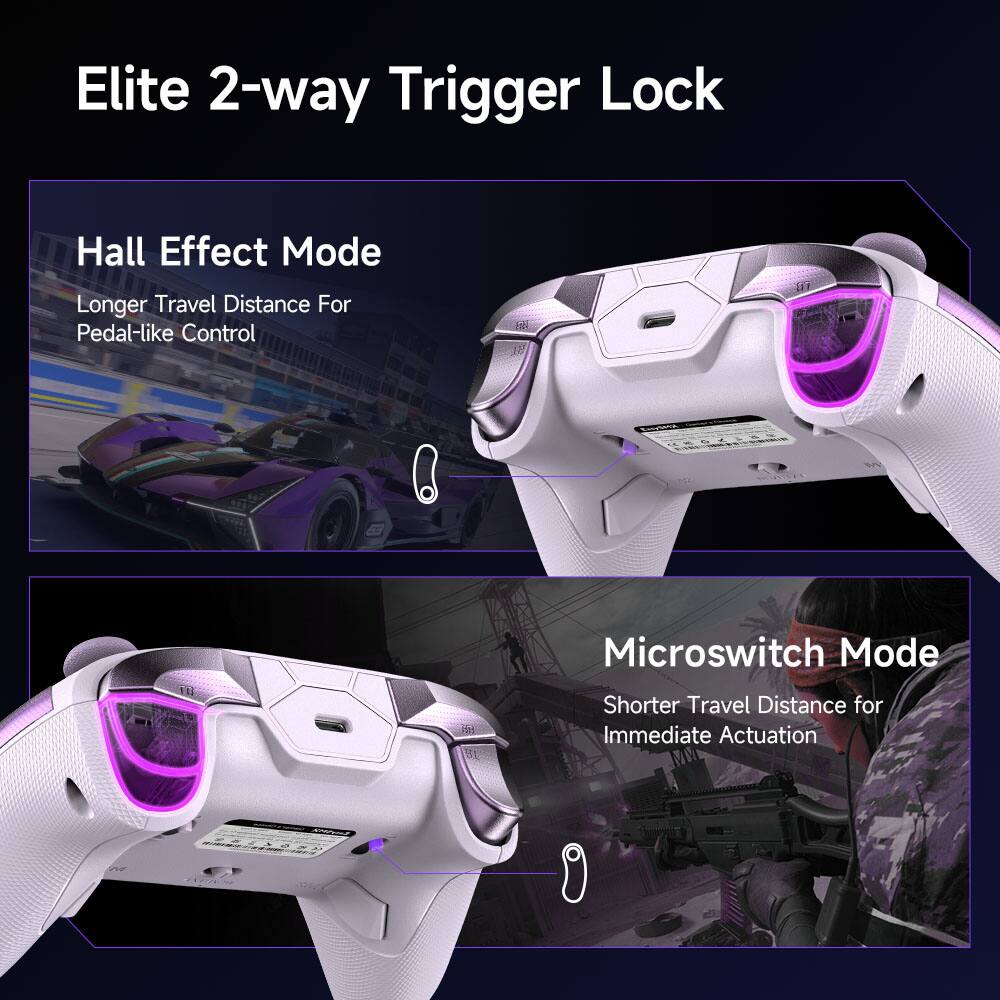Elite 2-way Trigger Lock

Hall Effect Mode  
Longer Travel Distance For Pedal-like Control

Microswitch Mode  
Shorter Travel Distance for Immediate Actuation