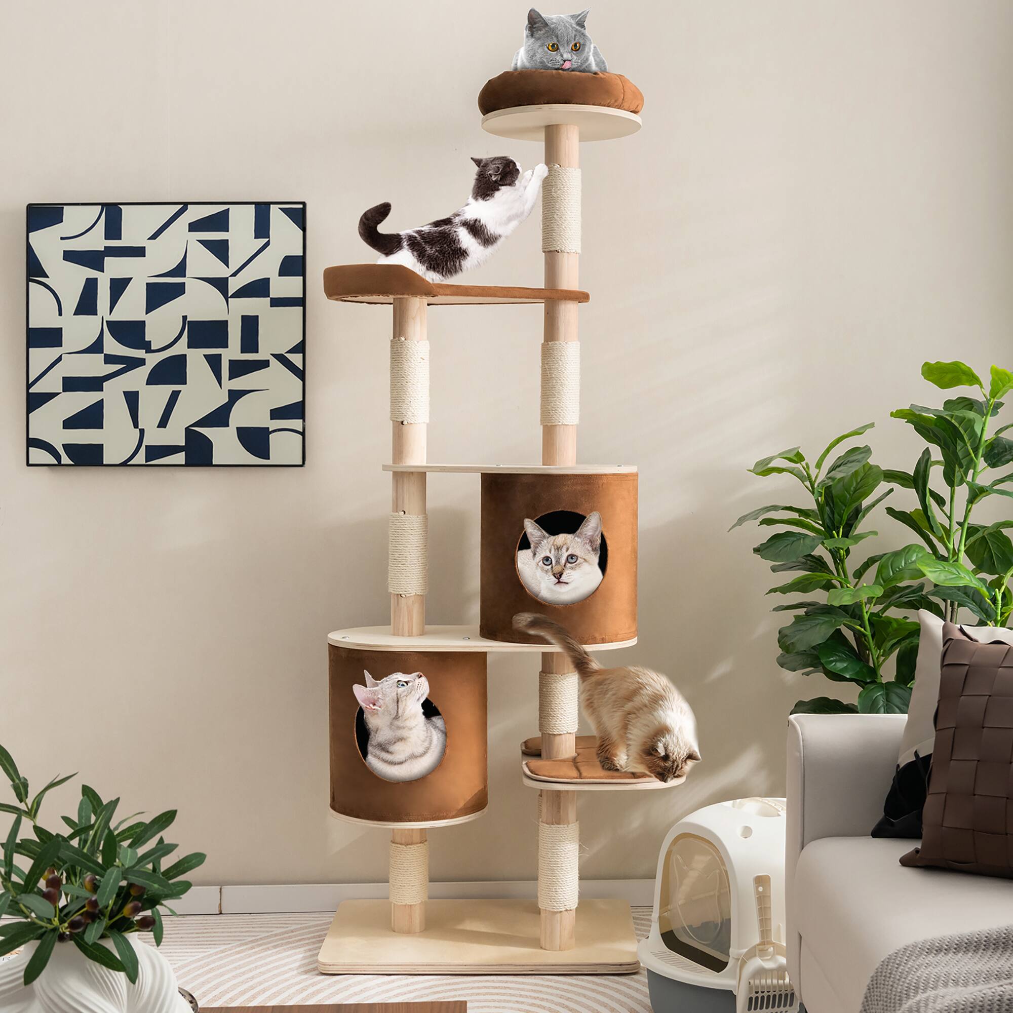 Alt View 1. Costway - Costway 75" Multi-layer Wooden Cat Tree Indoor Tower Activity Play Center with 2 Condos Brown - Natural,Brown.