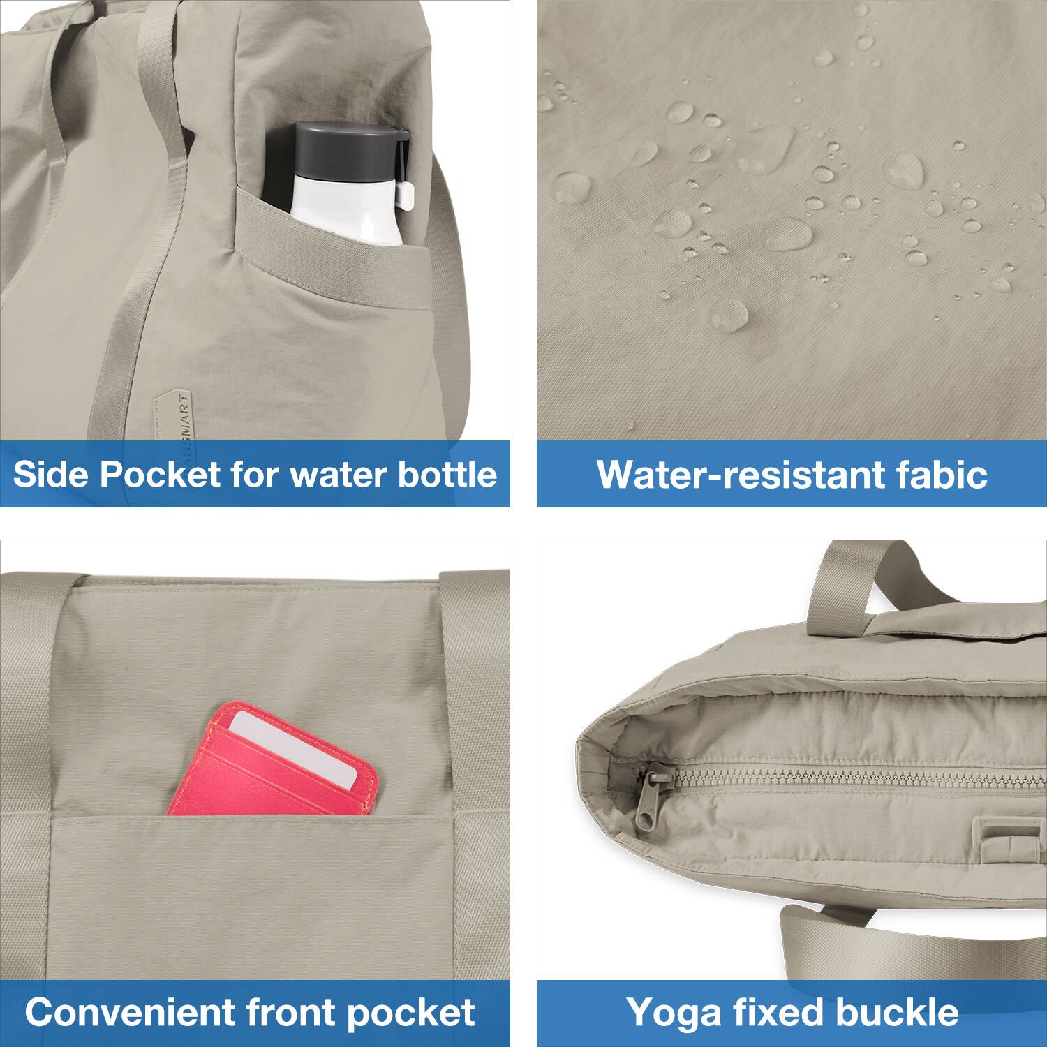 - Side Pocket for water bottle
- Water-resistant fabric
- Convenient front pocket
- Yoga fixed buckle