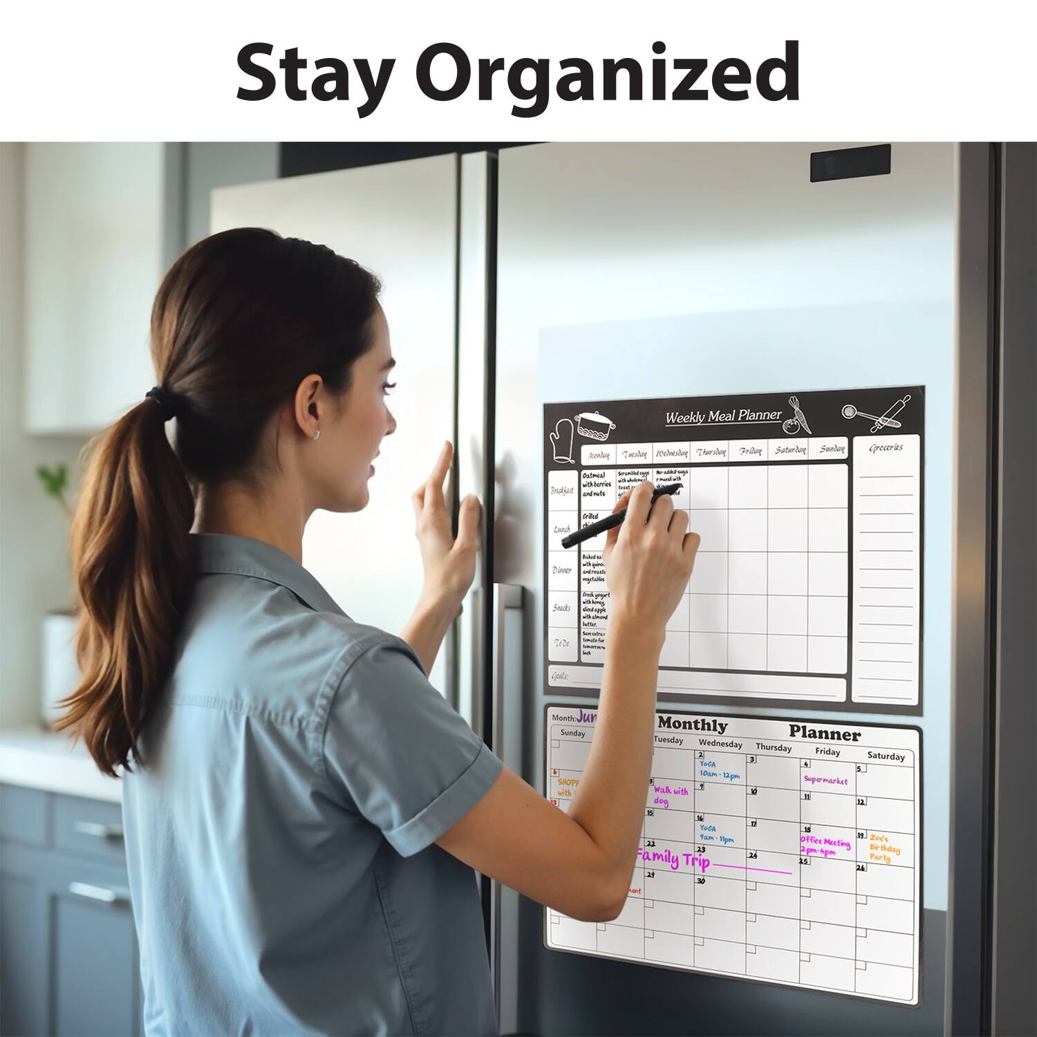 Stay Organized

Weekly Meal Planner

Monday Tuesday Wednesday Thursday Friday Saturday Sunday

Breakfast Lunch Dinner

Monthly Planner

Sunday Monday Tuesday Wednesday Thursday Friday Saturday

1 2 3 4 5 6 7

8 9 10 11 12 13 14

15 16 17 18 19 20 21

22 23 24 25 26 27 28

29 30 31

Shopping

Family Trip

Note: The text has been grouped and corrected based on the image provided.