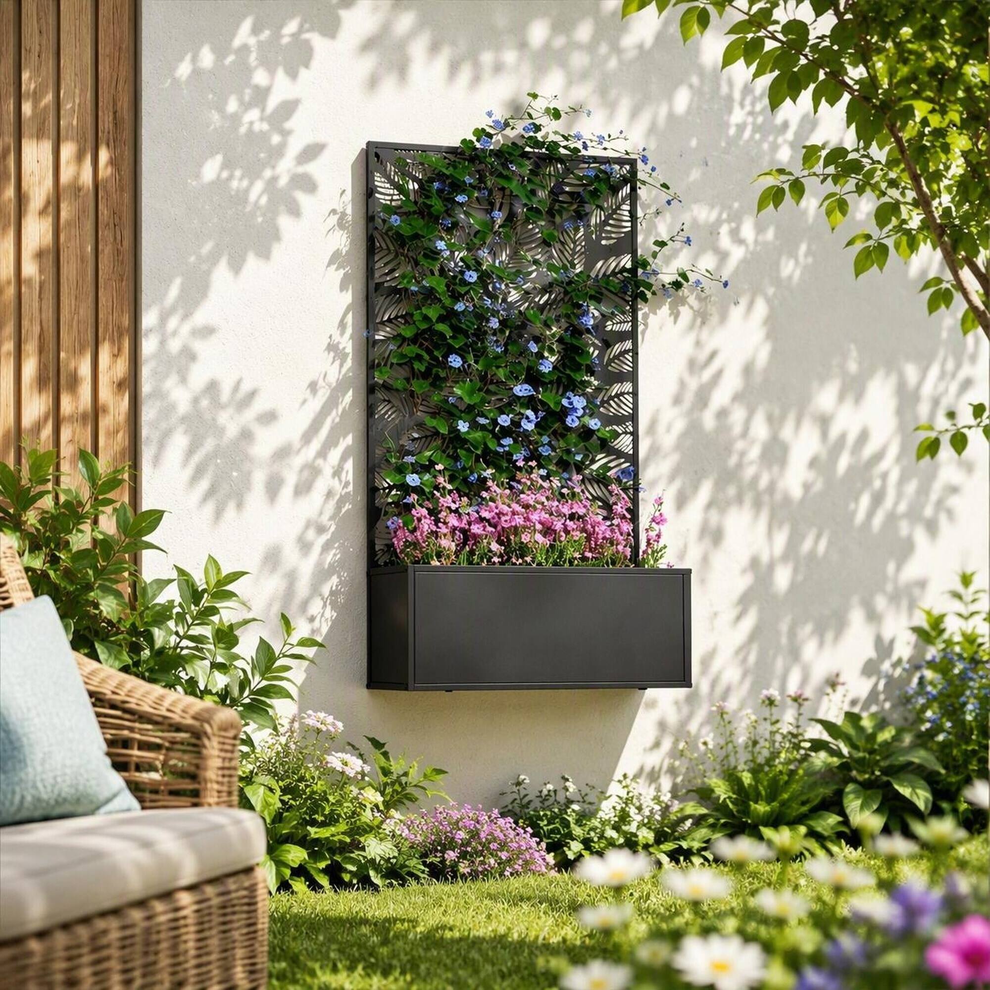 Alt View 2. RYHNUYNE - Wall Mounted Metal Raised Garden Bed with Decorative Privacy Panel Trellis, 24 Inch Black Planter Box for Climbing - Black.