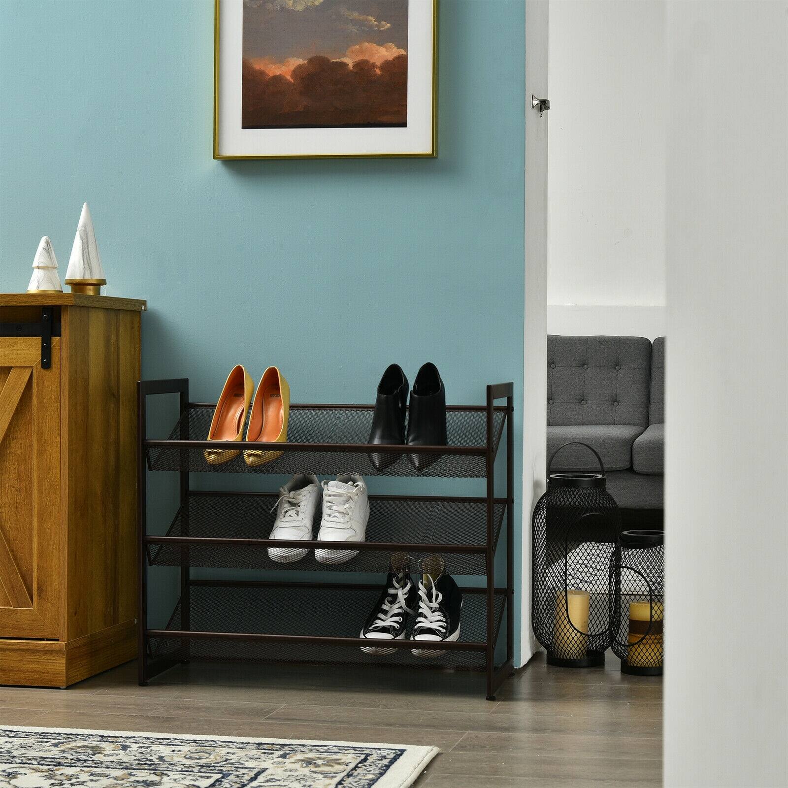 Alt View 9. Ecooso - 3 Tiers Flat and Slant Metal Shoe Rack for Entryway Hallway - Brown.