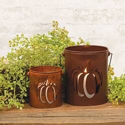 Angle. BreeBe - 2/Set Rusty Metal Pumpkin Cutout Buckets - Brown.