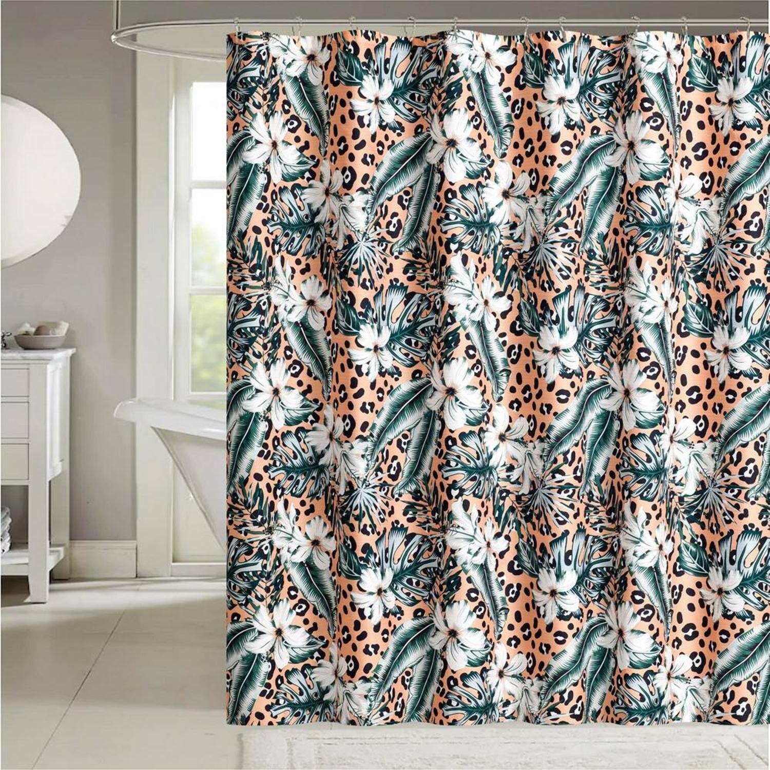 Angle. RT Designers Collection - Vibrant Tropical Fiesta Pink Leopard Shower Curtain - 70x72 Inches - Multi.