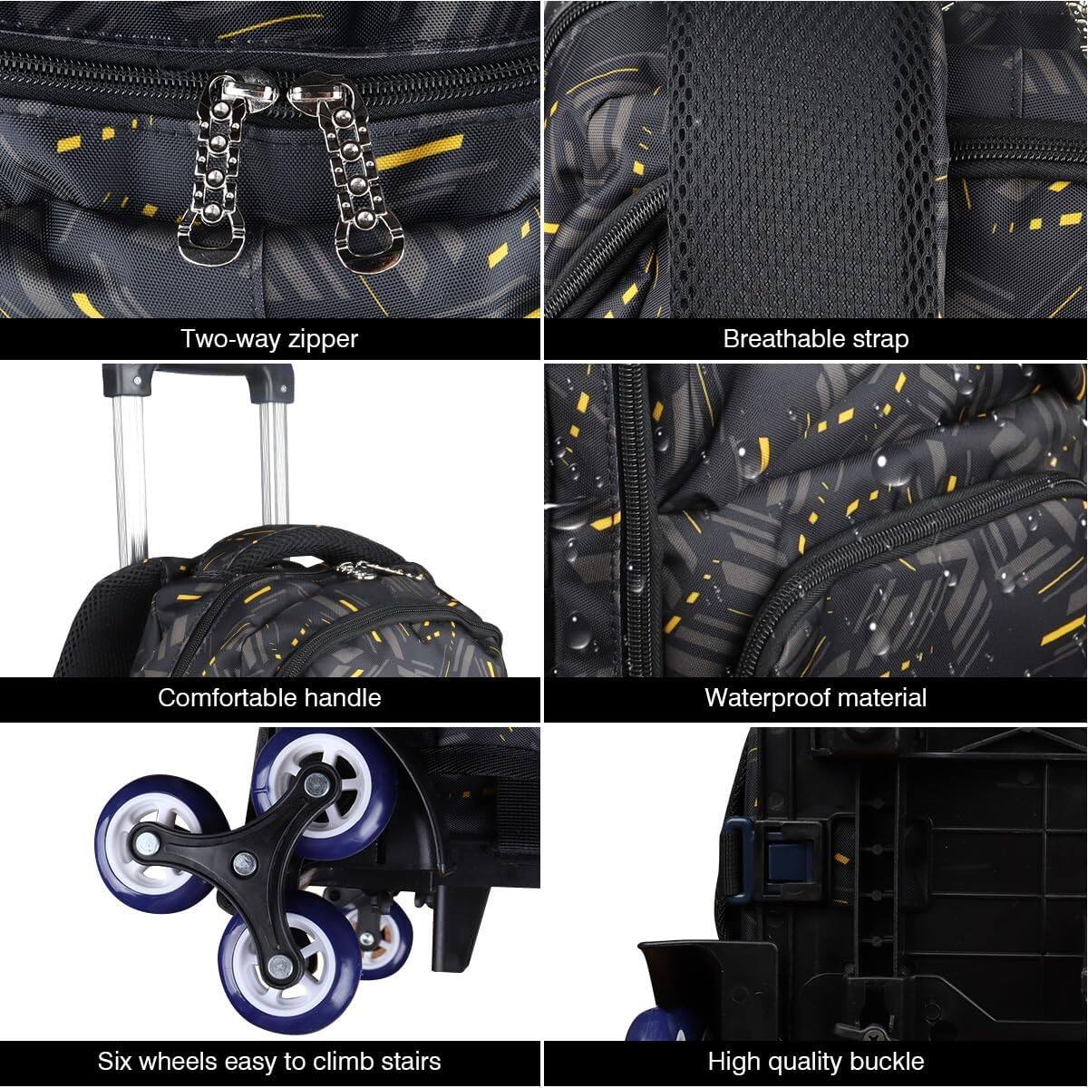 - Two-way zipper
- Breathable strap
- Comfortable handle
- Waterproof material
- Six wheels easy to climb stairs
- High quality buckle