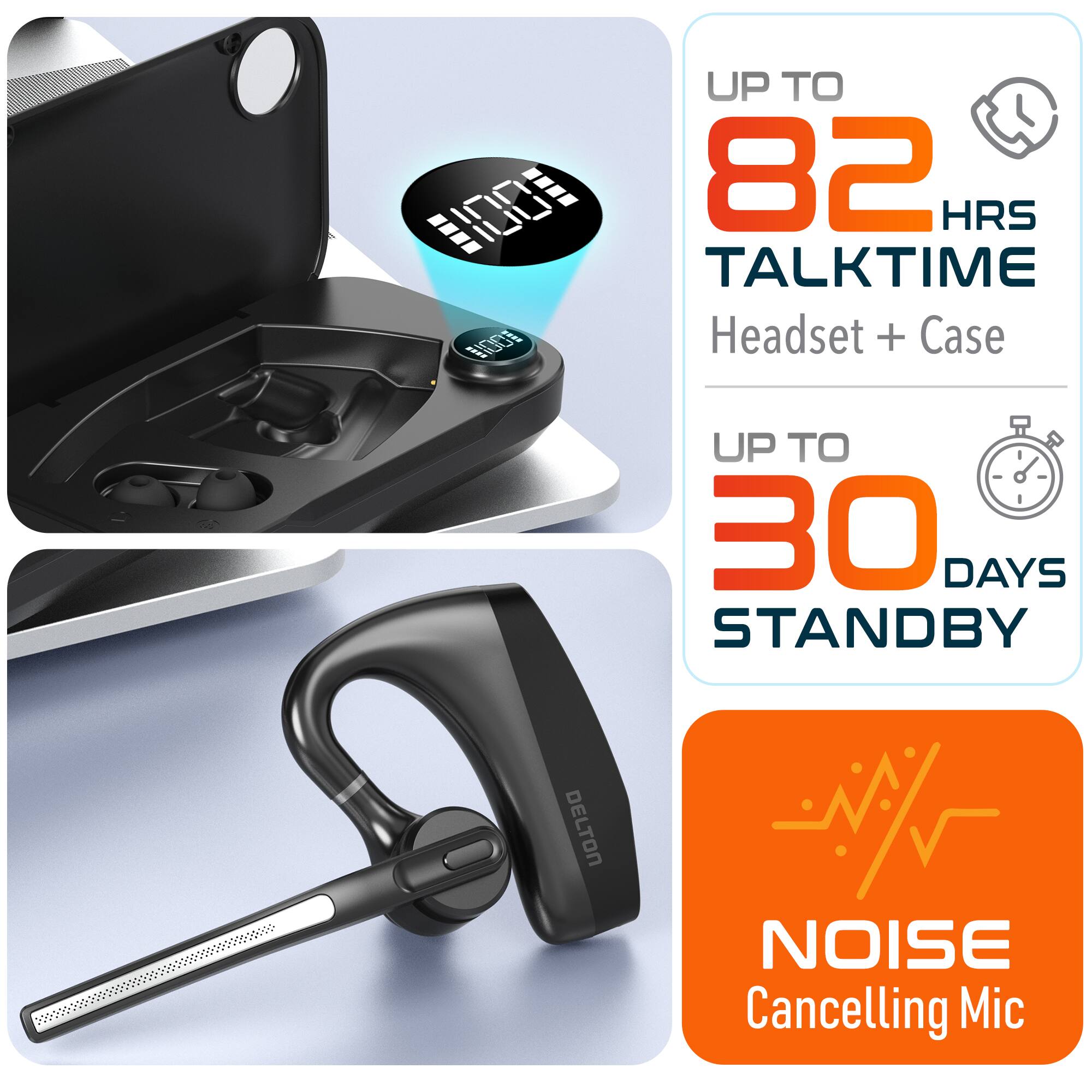 DELTON NOISE Cancelling Mic
UP TO 82 HRS TALKTIME Headset + Case
UP TO 30 DAYS STANDBY
