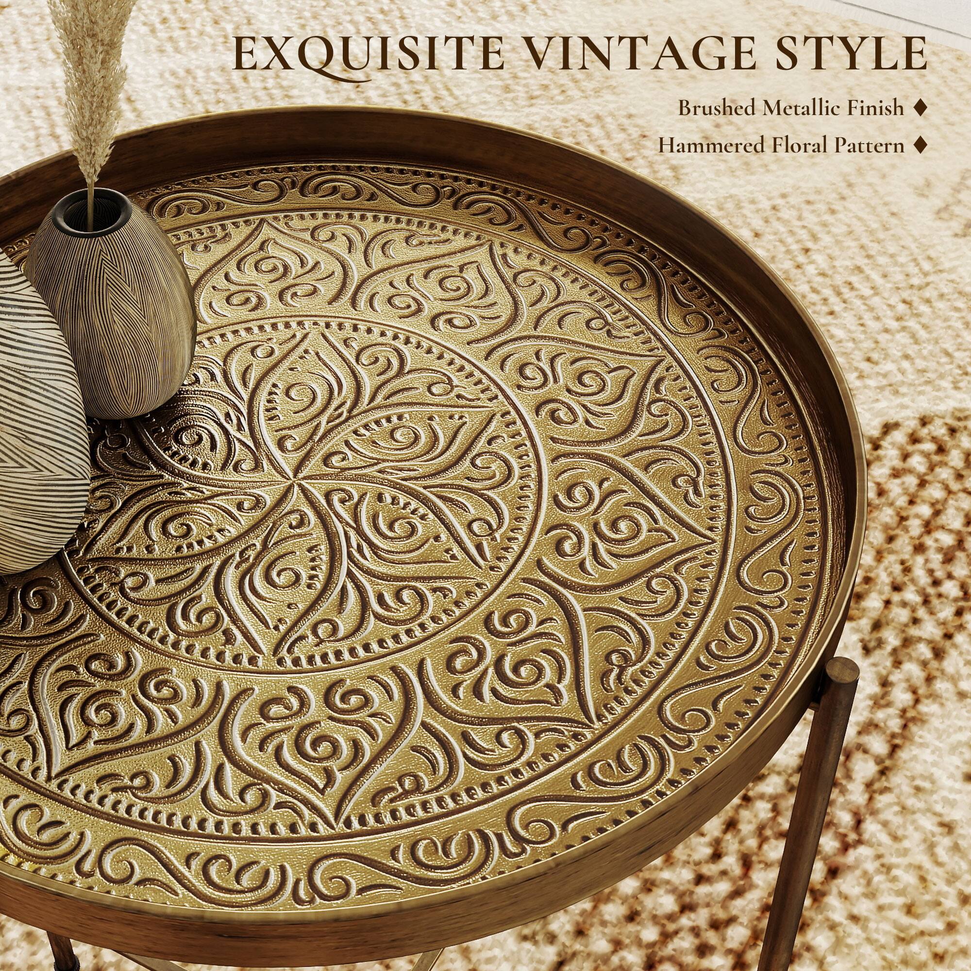 EXQUISITE VINTAGE STYLE  
Brushed Metallic Finish  
Hammered Floral Pattern
