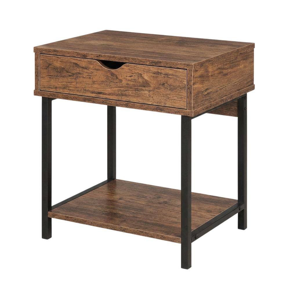 Front. JJS - Bedside Table With Drawer And Storage Shelves - Brown.
