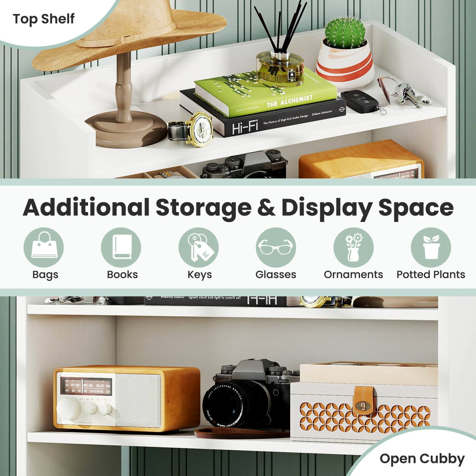 Top Shelf

Additional Storage & Display Space

- Bags
- Books
- Keys
- Glasses
- Ornaments
- Potted Plants

Open Cubby