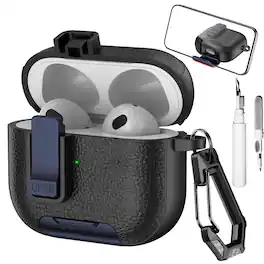 Dteck - Earphone Case for Apple AirPods 3rd Gen (2021) with Phone Holder & Keychain,Leather Texture Earbuds Cover for Man Women - Blueblack