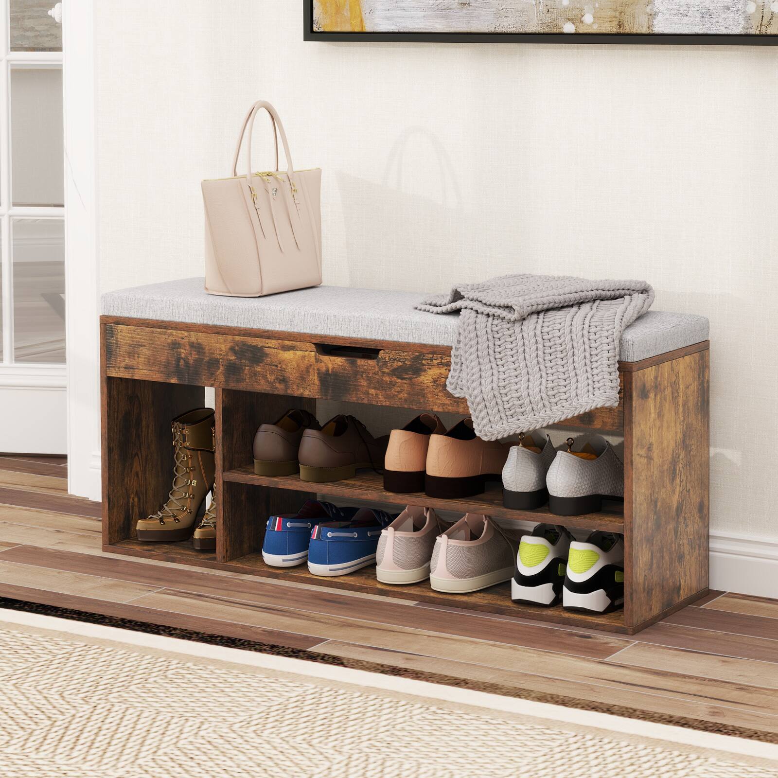 Alt View 3. Gymax - Gymax Shoe Bench Home Entryway Shoes Storage Bench w/ Padded Seat & Hidden Storage Brown - Brown, Gray.