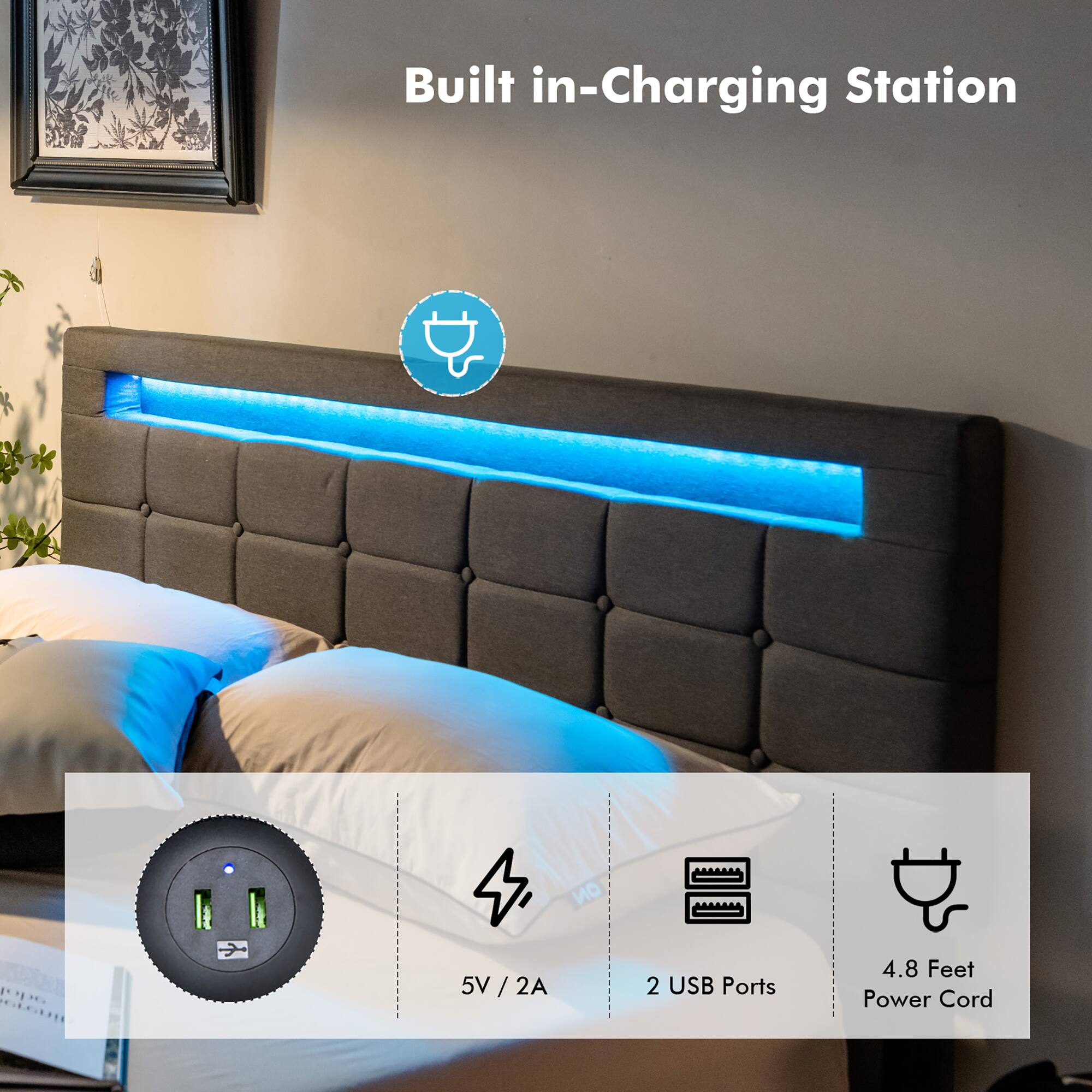 Alt View 4. Costway - Costway Upholstered Queen LED Lights Bed Headboard Drawers Solid Wooden Slat Platform - Gray.