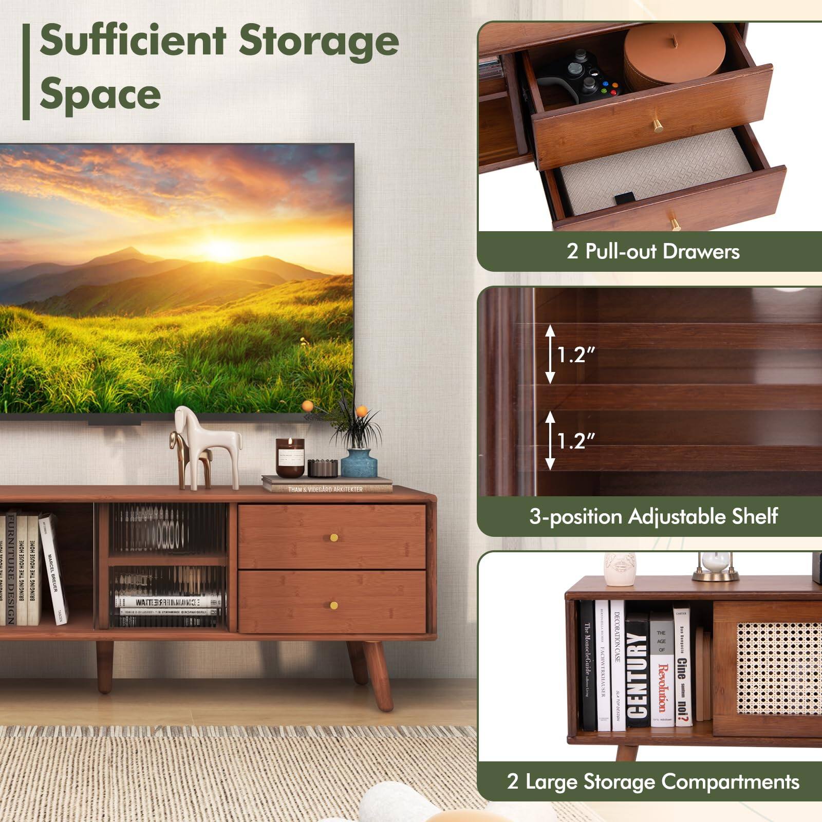 Sufficient Storage Space

2 Pull-out Drawers

3-position Adjustable Shelf

2 Large Storage Compartments