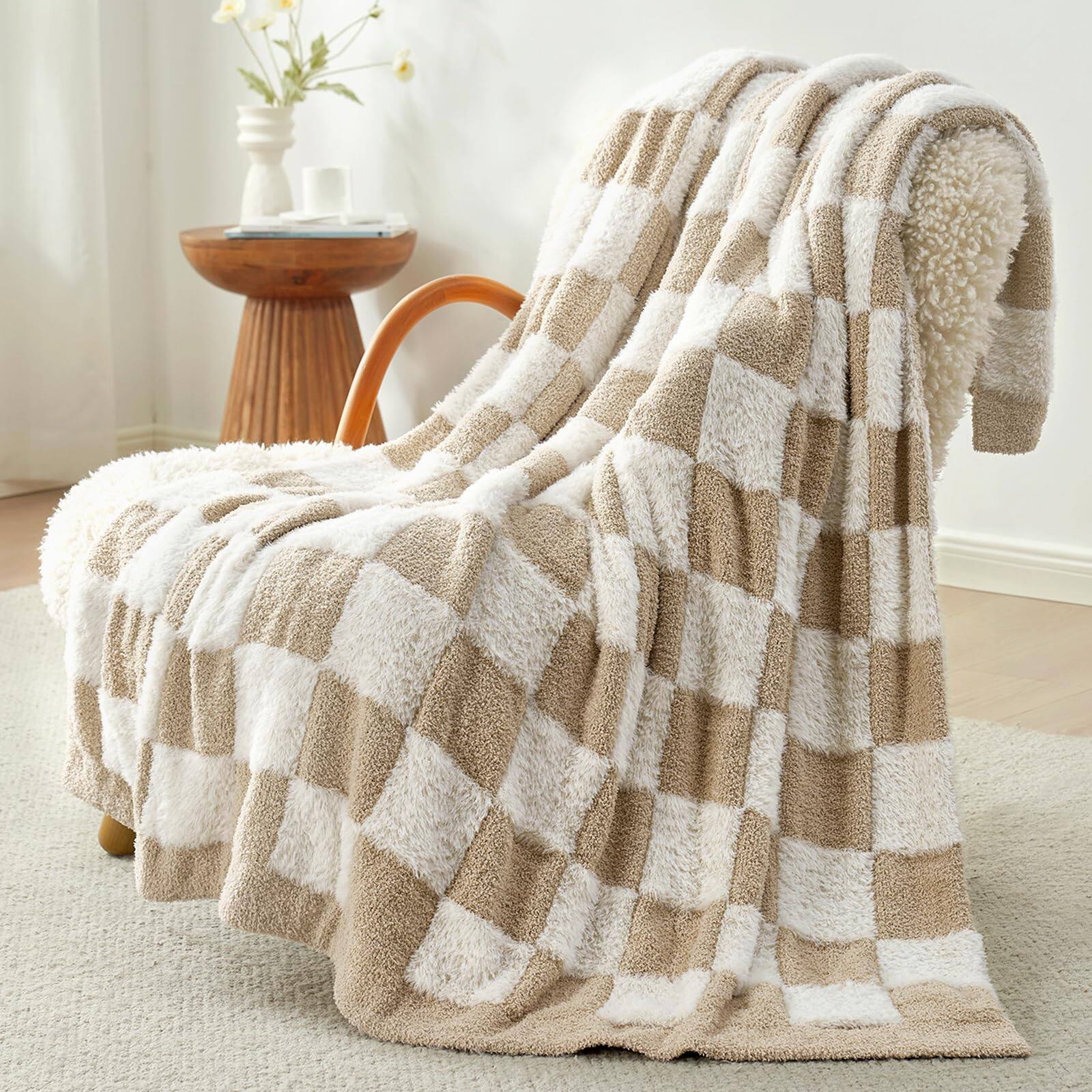 Alt View 1. NICHOLAS KLEIN - Checkered Throw Blanket Faux Microfiber Blankets For Couch Cozy Soft Warm Sofa Bedroom Living Room Beige Ch... - Solid Blue Twin(60"x80").