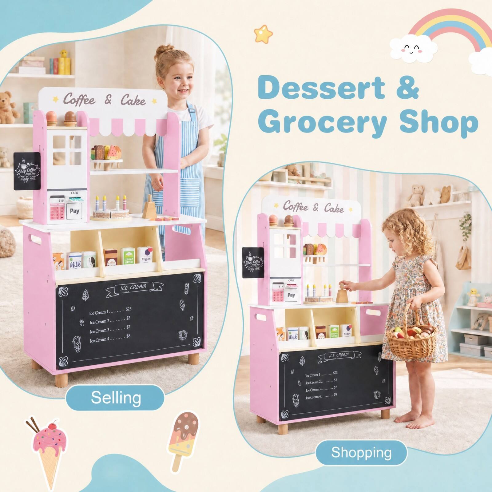 Coffee & Cake  
Dessert & Grocery Shop  

CARD Pay  
Coffee & Cake  
milk  
Yogurt  
ICE CREAM  

curco Pay  
Ice Cream Cream 2. ice Ice Cream Cream 4. Ice  

$23 DI $7 $8  

ICE CREAM  
Selling  
Ar.Oram! AxComm2 kcOmm3 AxCorum  
53 C $  

Shopping