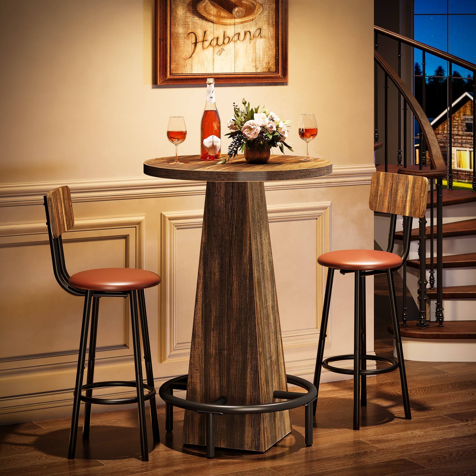 Back. Tribesigns - Bar Table with Engineered Wood Construction, Footrest and Space-Saving Design for Living Room - Brown.