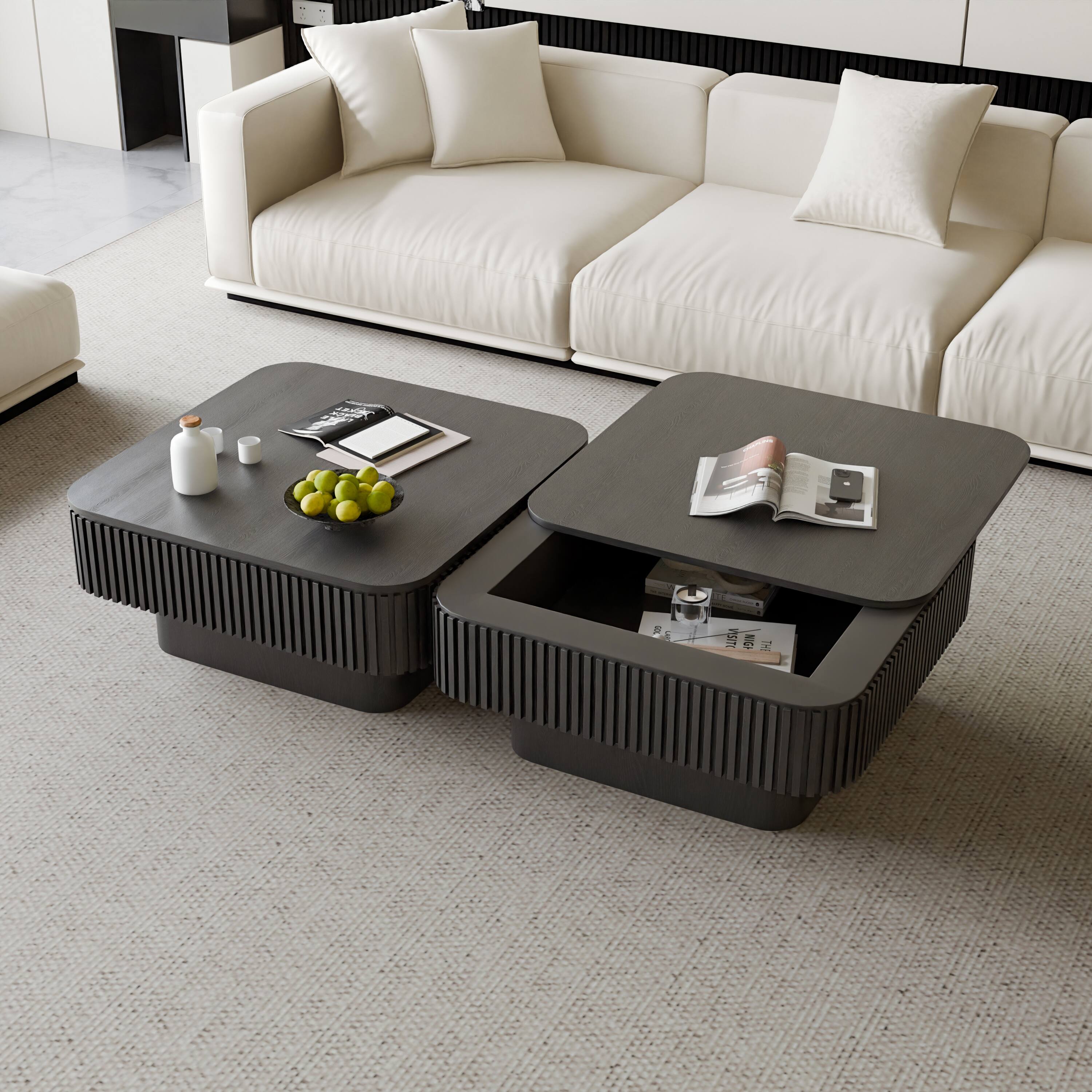 Alt View 2. Loheer - Loheer 31.5 Inch Black Square Coffee Table with Storage Solid Wood Veneer Modern Low Profile Accent Table - Black.