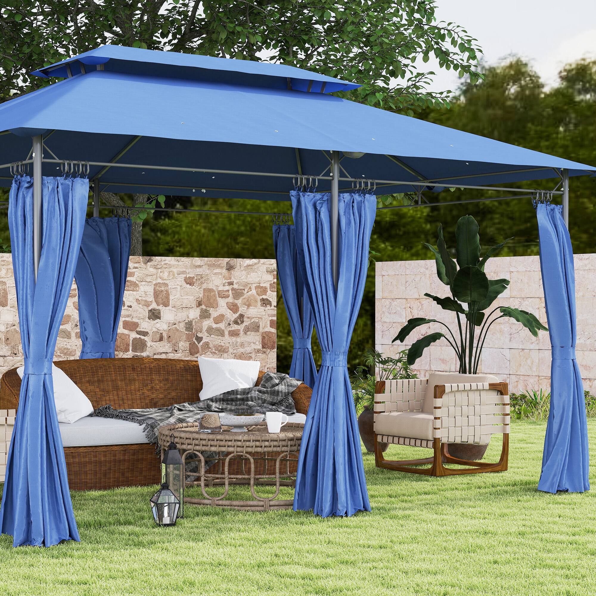 Alt View 4. Outsunny -  10' x 13' Patio Gazebo, Double Roof Outdoor Gazebo Canopy Shelter with Curtains, Solid Metal Frame - Blue.