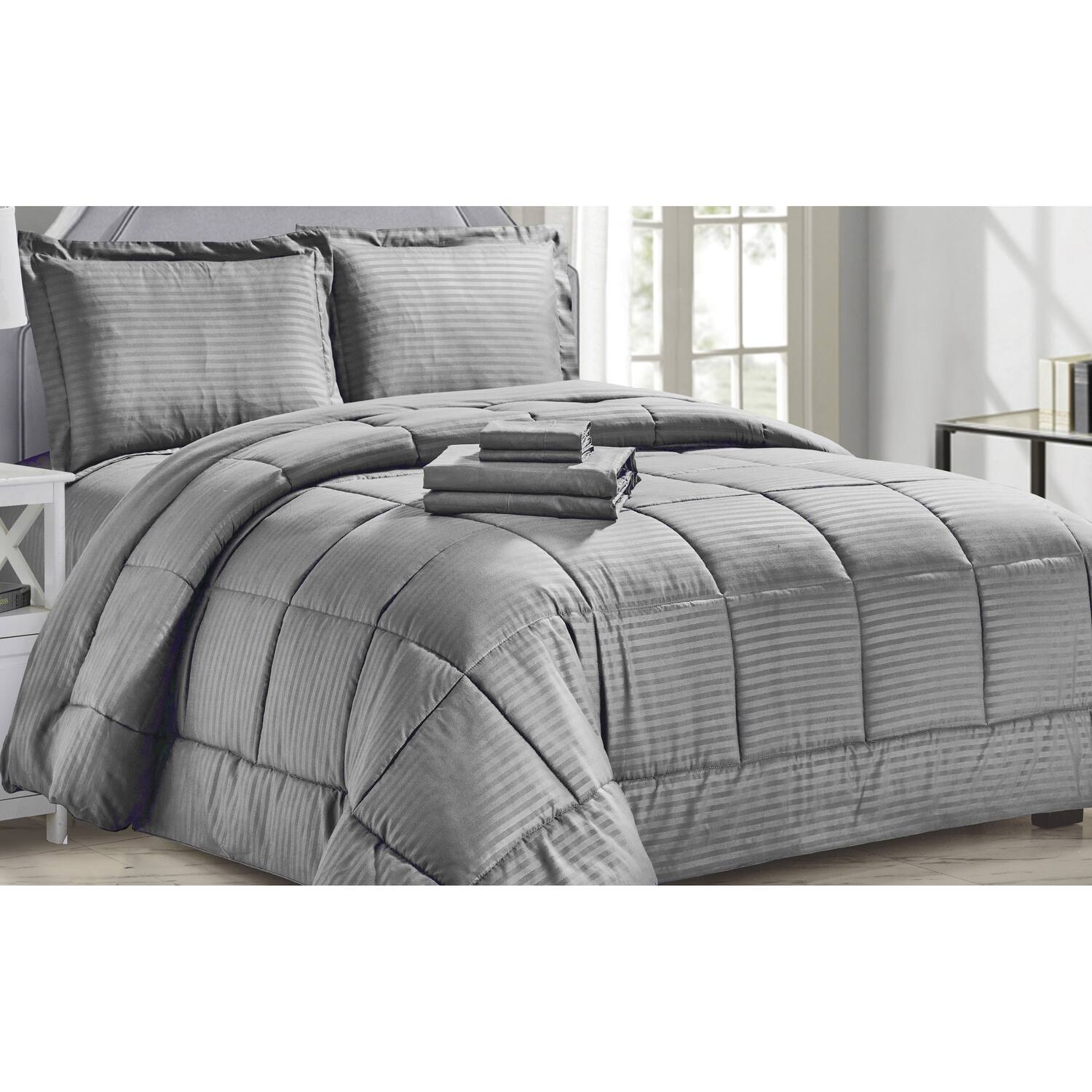 Alt View 2. Plazatex - Plazatex Embossed Dobby Stripe 8 Pieces Comforter Bed In A Bag Set Queen Gray - Gray.