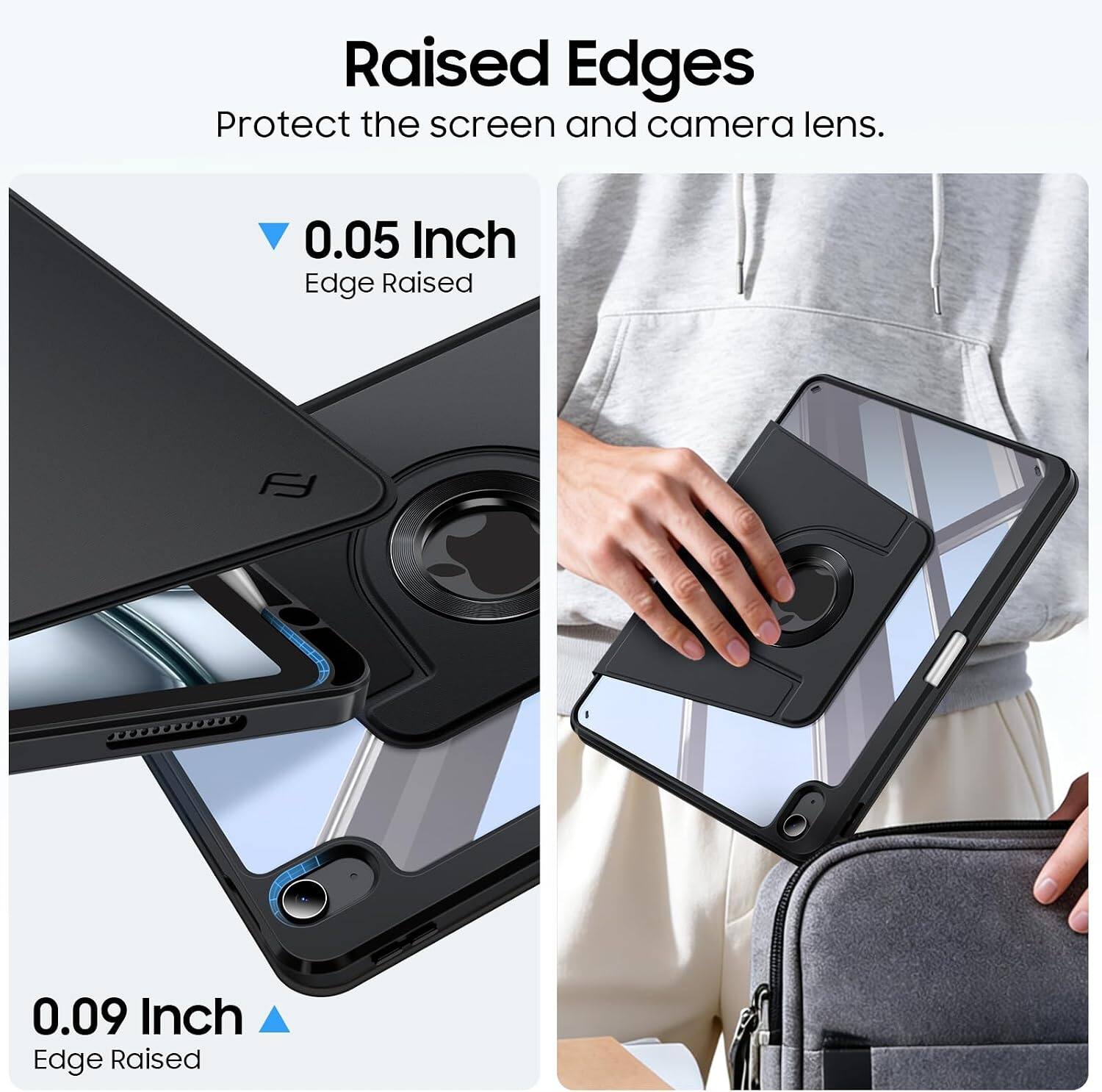 Raised Edges Protect the screen and camera lens.

0.05 Inch Edge Raised

0.09 Inch Edge Raised