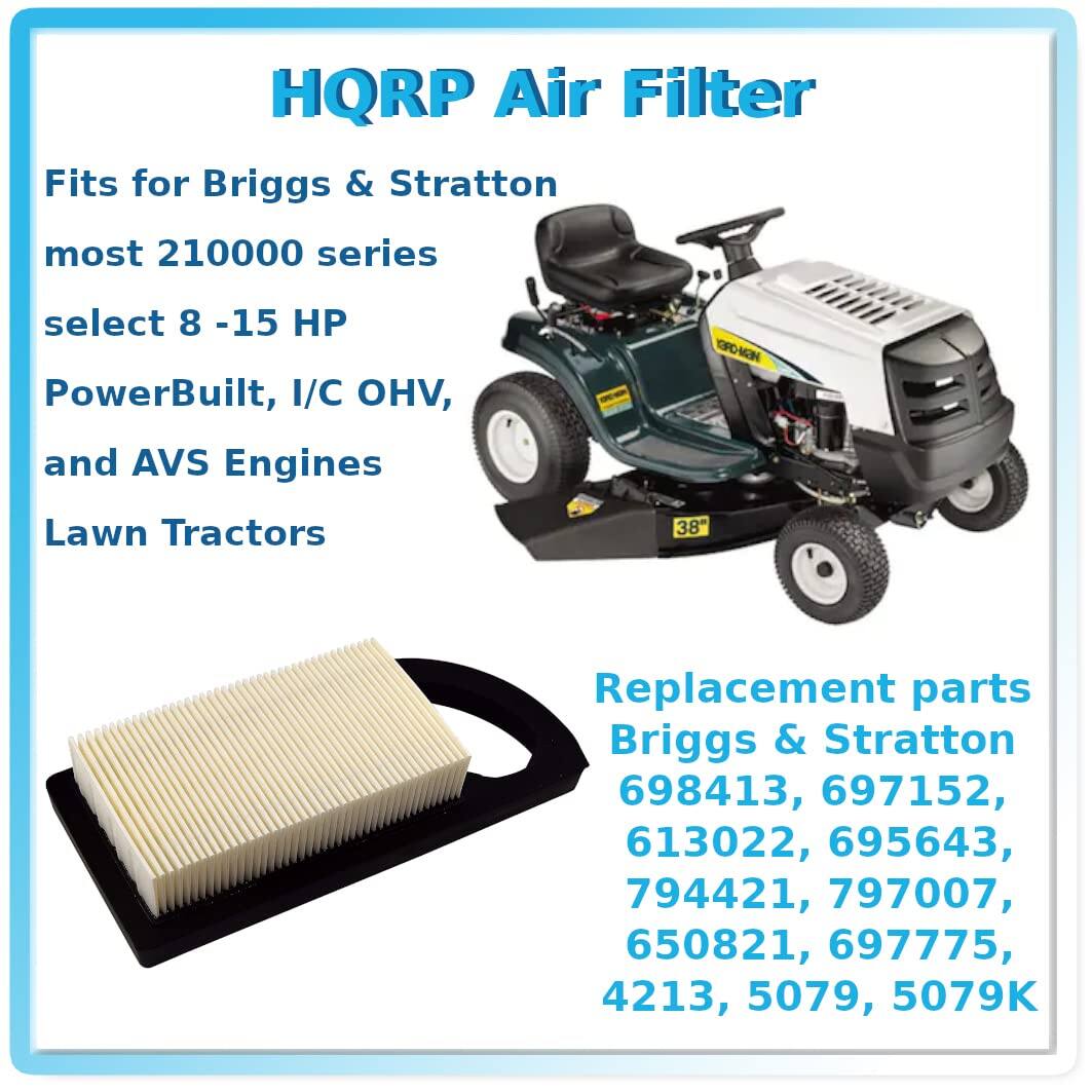 HQRP Air Filter

Fits for Briggs & Stratton most 210000 series select 8 - 15 HP PowerBuilt, I/C OHV, and AVS Engines OPEN Lawn Tractors

Replacement parts Briggs & Stratton 698413, 697152, 613022, 695643, 794421, 797007, 650821, 697775, 4213, 5079, 5079K