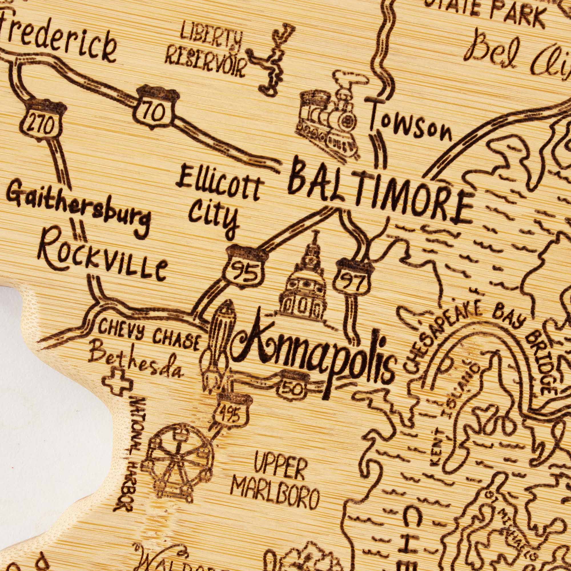 Sure, here is the corrected and grouped text from the image:

- Frederick
- LIBERTY RESERVOIR
- 270
- 70
- Elicott City
- 95
- 97
- BALTIMORE
- Towson
- Gaithersburg
- Rockville
- CHEVY CHASE
- Bethesda
- 495
- KOMMOPOLIS
- NATIONAL HARBOR
- UPPER MARLBORO
- WALDORF
- STATE PARK
- Bel Air
- CHESAPEAKE BAY
- BRIDGE
- KENT
- ISLAND
- MARLBORO