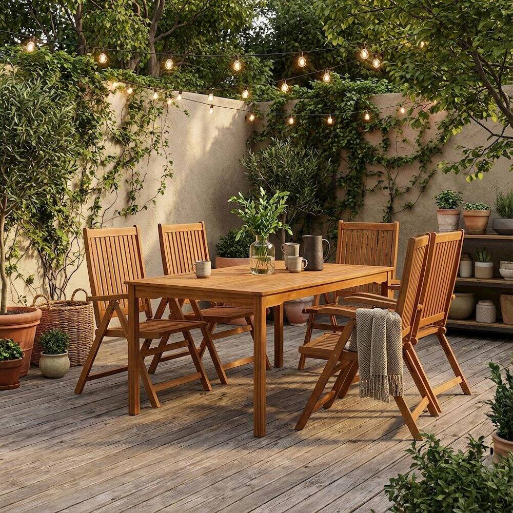 Alt View 3. Outdoor Escape - Wooden Patio Set Oil-Finish Dining Table with Wooden Outdoor Chairs - Brown.