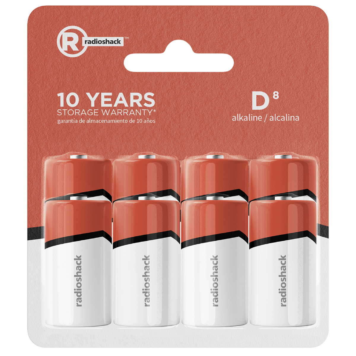 R radioshack
10 YEARS STORAGE WARRANTY*
garantía de almacenamiento de 10 años
D 8
alkaline / alcalina
radioshack
radioshack
radioshack
radioshack
450al
mE