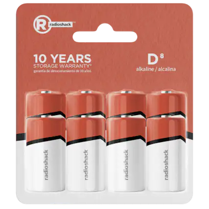 R radioshack
10 YEARS STORAGE WARRANTY*
garantía de almacenamiento de 10 años
D 8
alkaline / alcalina
radioshack
radioshack
radioshack
radioshack
450al
mE