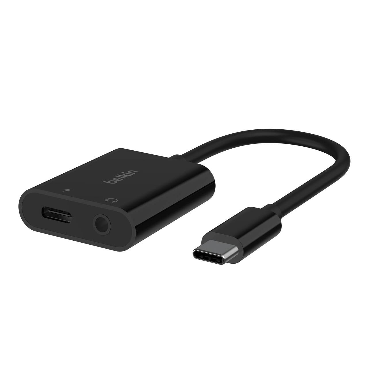 Angle. Belkin - 3.5mm Audio & USB-C Adaptor - Fast Charge Compatible USB-C Audio Adaptor for iPad Pro, Galaxy, Pixel, OnePlus & More - Black.