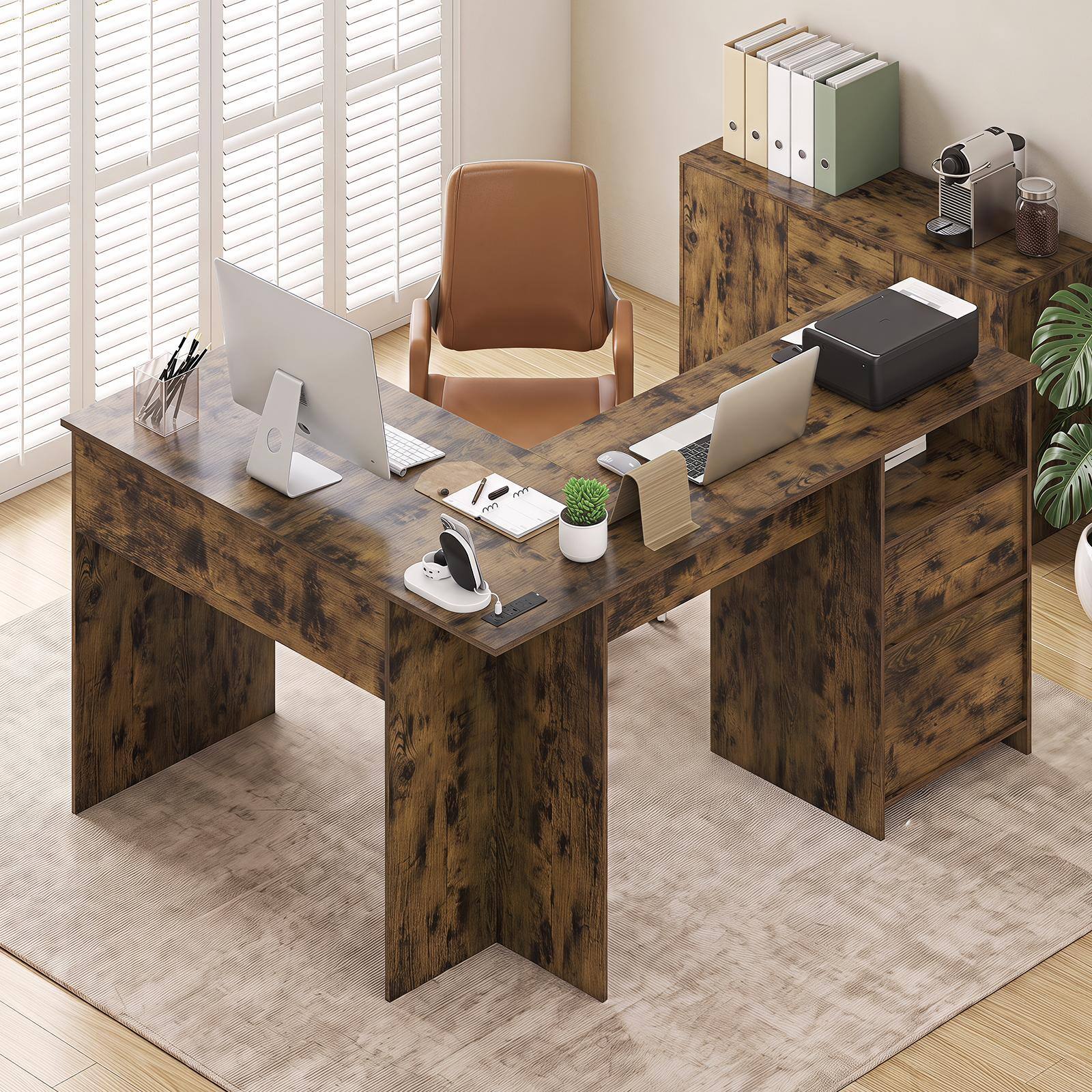 Alt View 3. Costway - Costway 59" L-Shaped Executive Desk with Power Outlets, Drawers & Bookshelf for Working - Rustic Brown.
