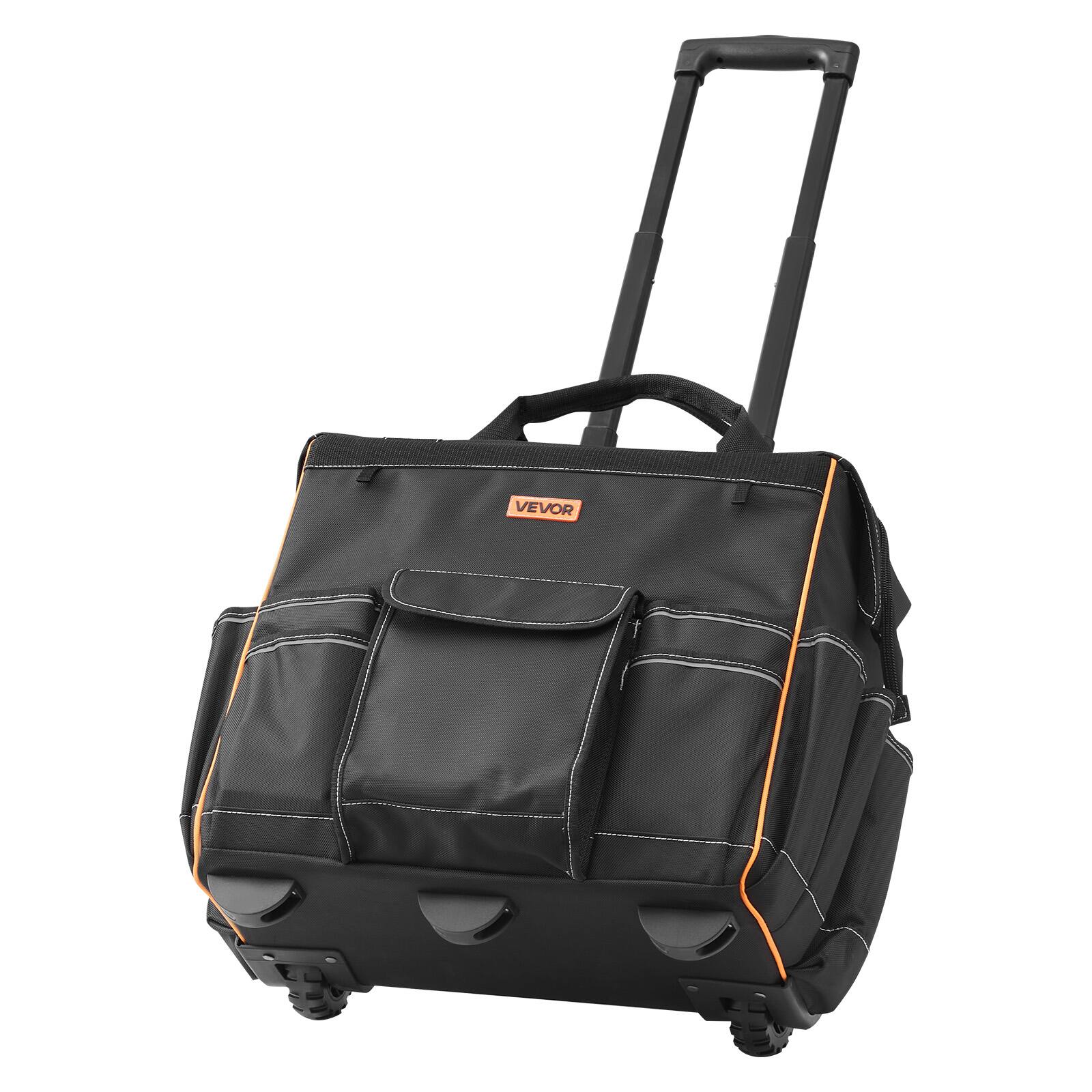 Alt View 5. VEVOR - Rolling Tool Bag, 110 lbs Load Capacity, 25 Pockets Heavy Duty Roller Tool Bag with Adjustable Telescoping Handle - Black,Orange.