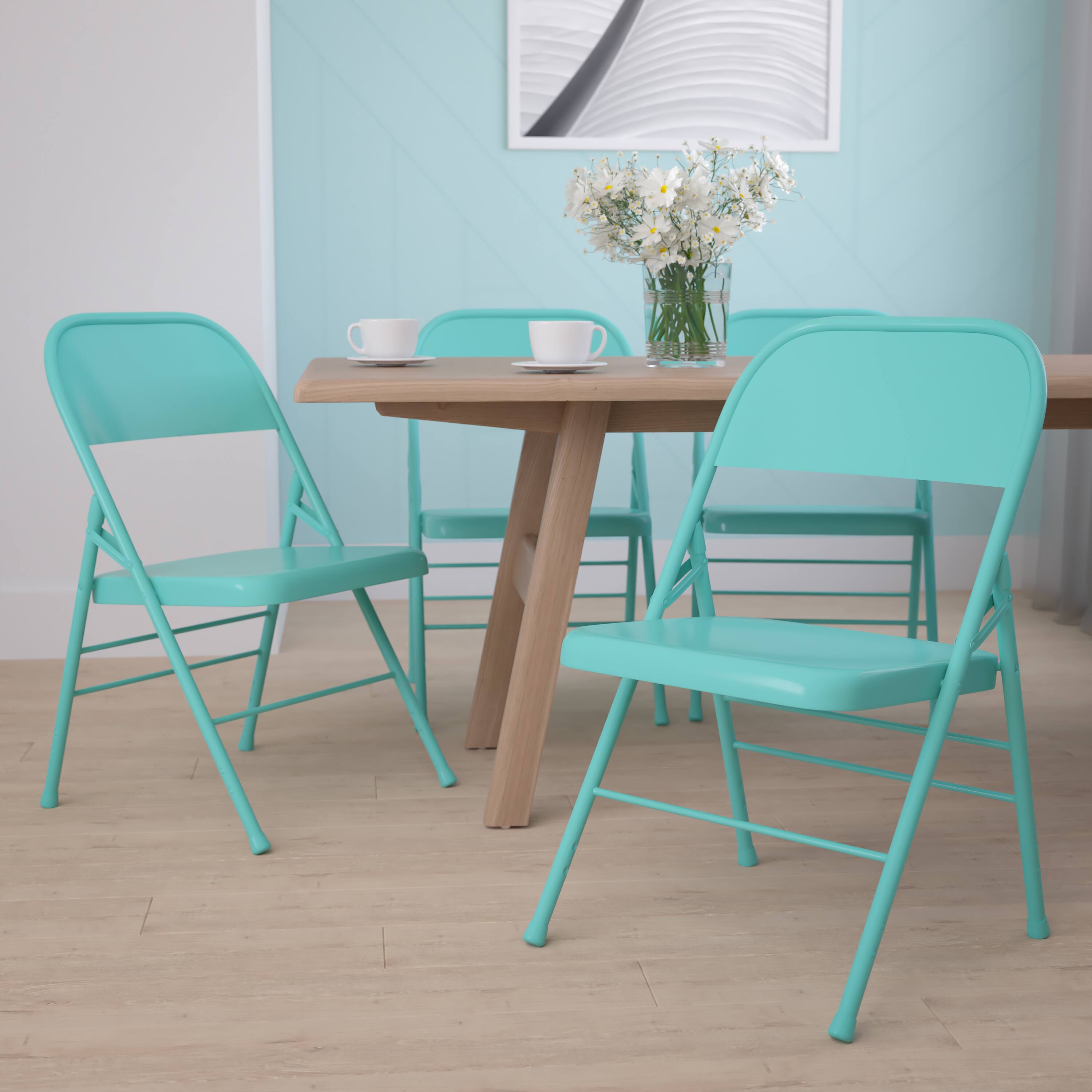 Alt View 2. Emma + Oliver - 4 Pack Colorful Metal Folding Chair Teen and Event Seating - Tantalizing Teal.