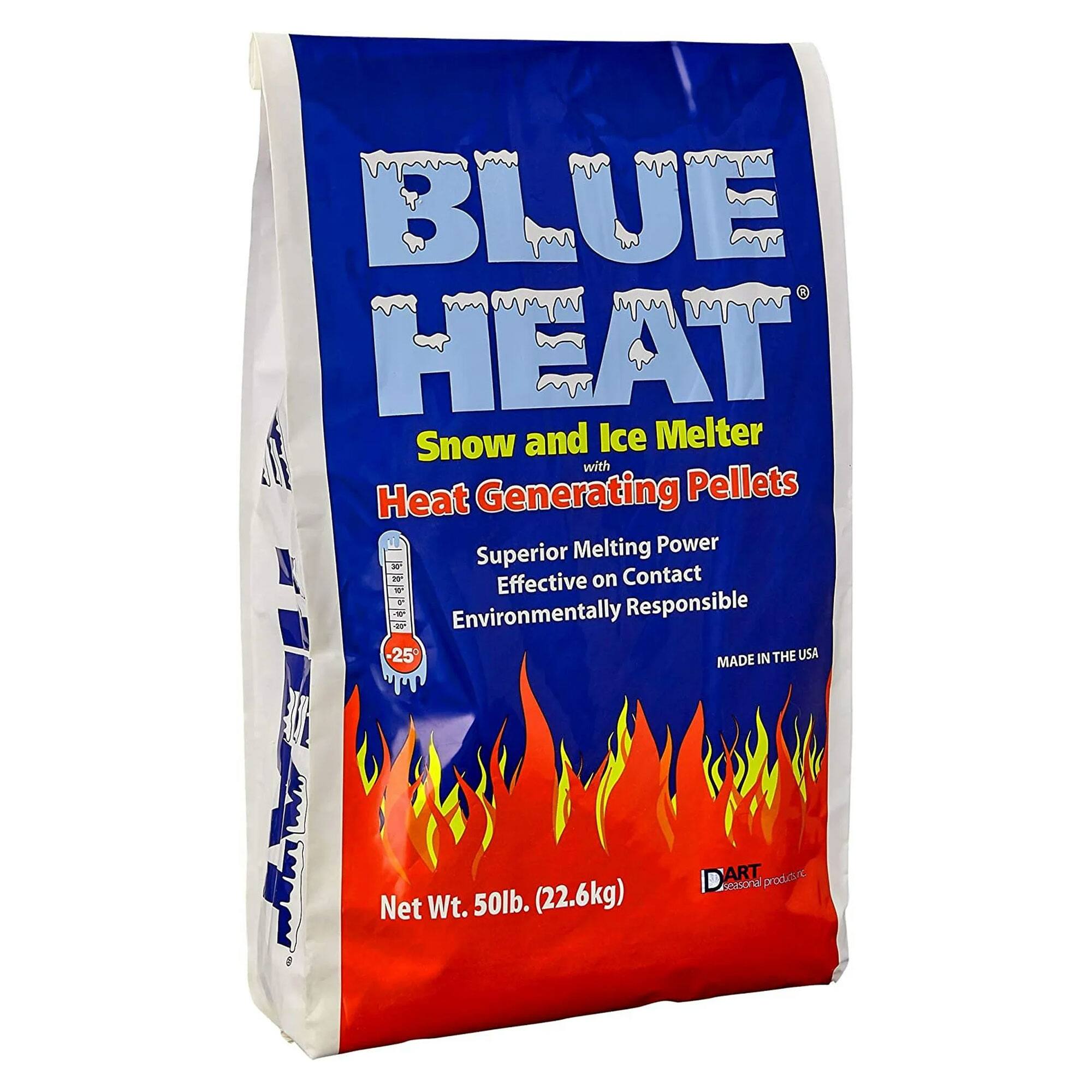 BLUE HEAT  
Snow and Ice Melter with Heat Generating Pellets  

Superior Melting Power  
Effective on Contact  
Environmentally Responsible  

MADE IN THE USA  

Net Wt. 50lb. (22.6kg)  

DART  
Seasonal Products