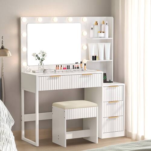 Alt View 4. Winado - Fluted Vanity Desk with Lights & Power Outlet Drawer Makeup Dressing Table with 3 Color Mirror & Side Storage Shelves - White.