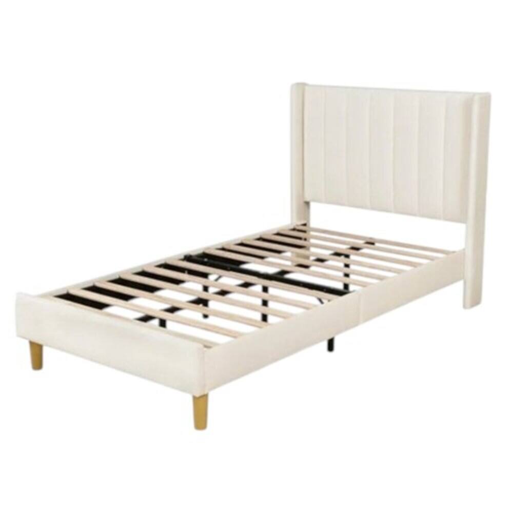 Hivvago - Twin size Mid-Century Platform Bed Frame with Velvet Upholstered Headboard - Cream