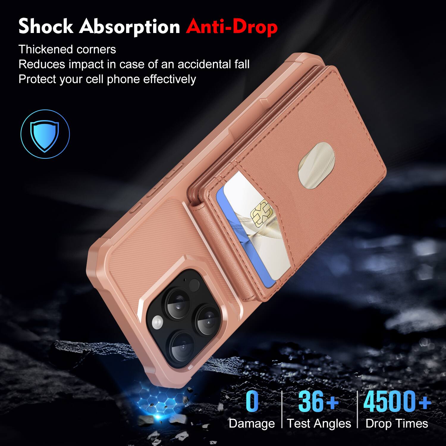 Shock Absorption Anti-Drop  
Thickened corners  
Reduces impact in case of an accidental fall  
Protect your cell phone effectively  

0 Damage  
36+ Test Angles  
4500+ Drop Times