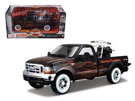 1999 Ford F-350 Super Duty Pickup 1/27 Black with Flames & 2002 FLSTB Night Train Harley Davidson 1/24 Models by Maisto