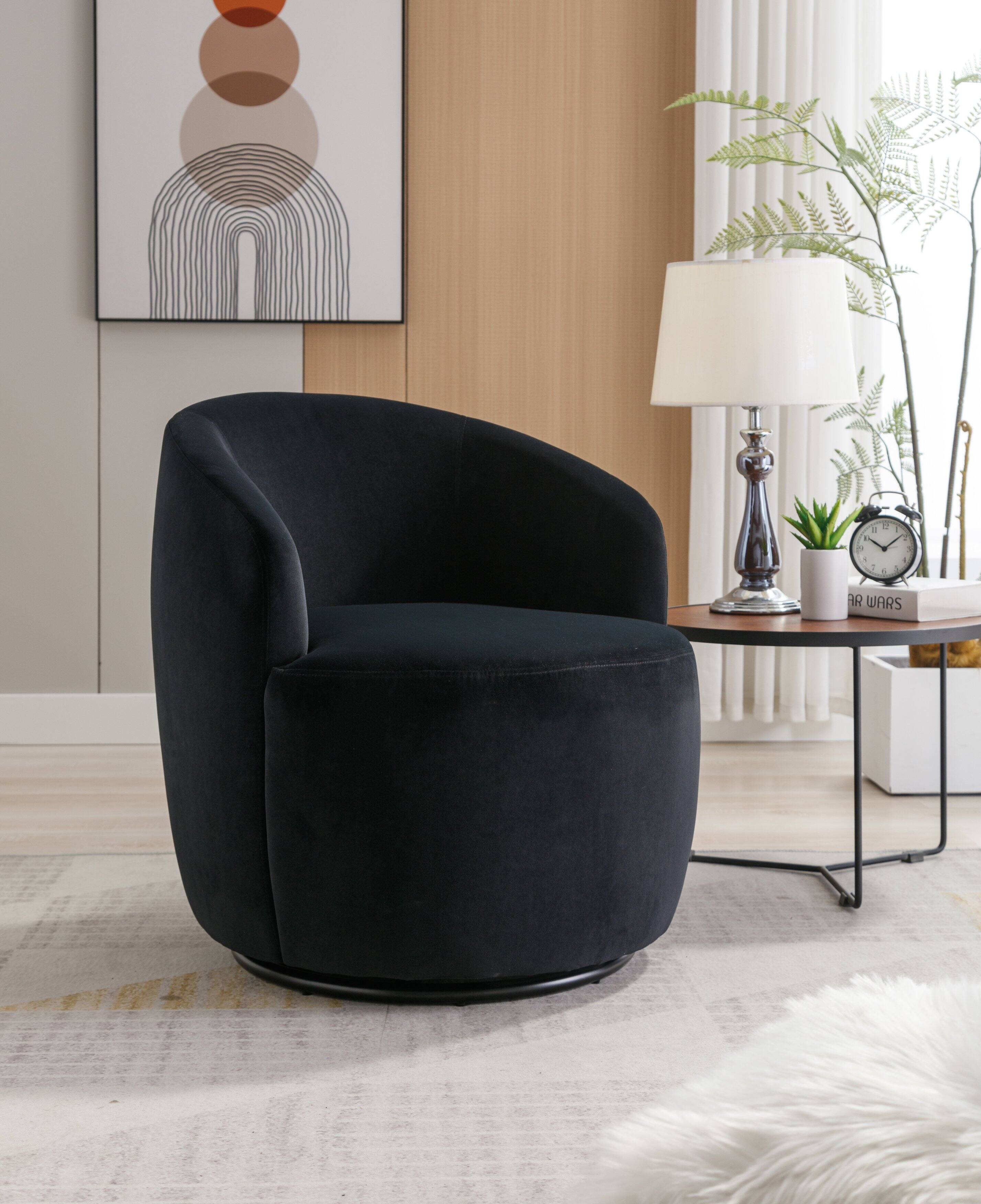 Front. COWLOWN - Velvet Fabric Swivel Accent Armchair Barrel Chair with Metal Ring Base Black - Black.