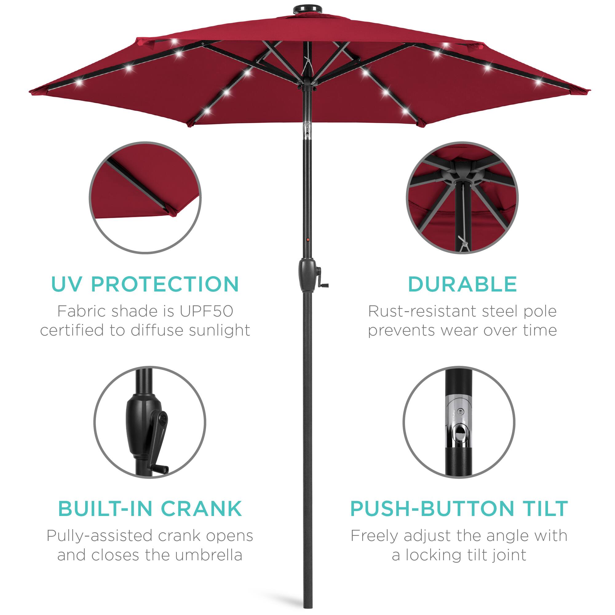 UV PROTECTION  
Fabric shade is UPF50 certified to diffuse sunlight  

DURABLE  
Rust-resistant steel pole prevents wear over time  

BUILT-IN CRANK  
Pully-assisted crank opens and closes the umbrella  

PUSH-BUTTON TILT  
Freely adjust the angle with a locking tilt joint