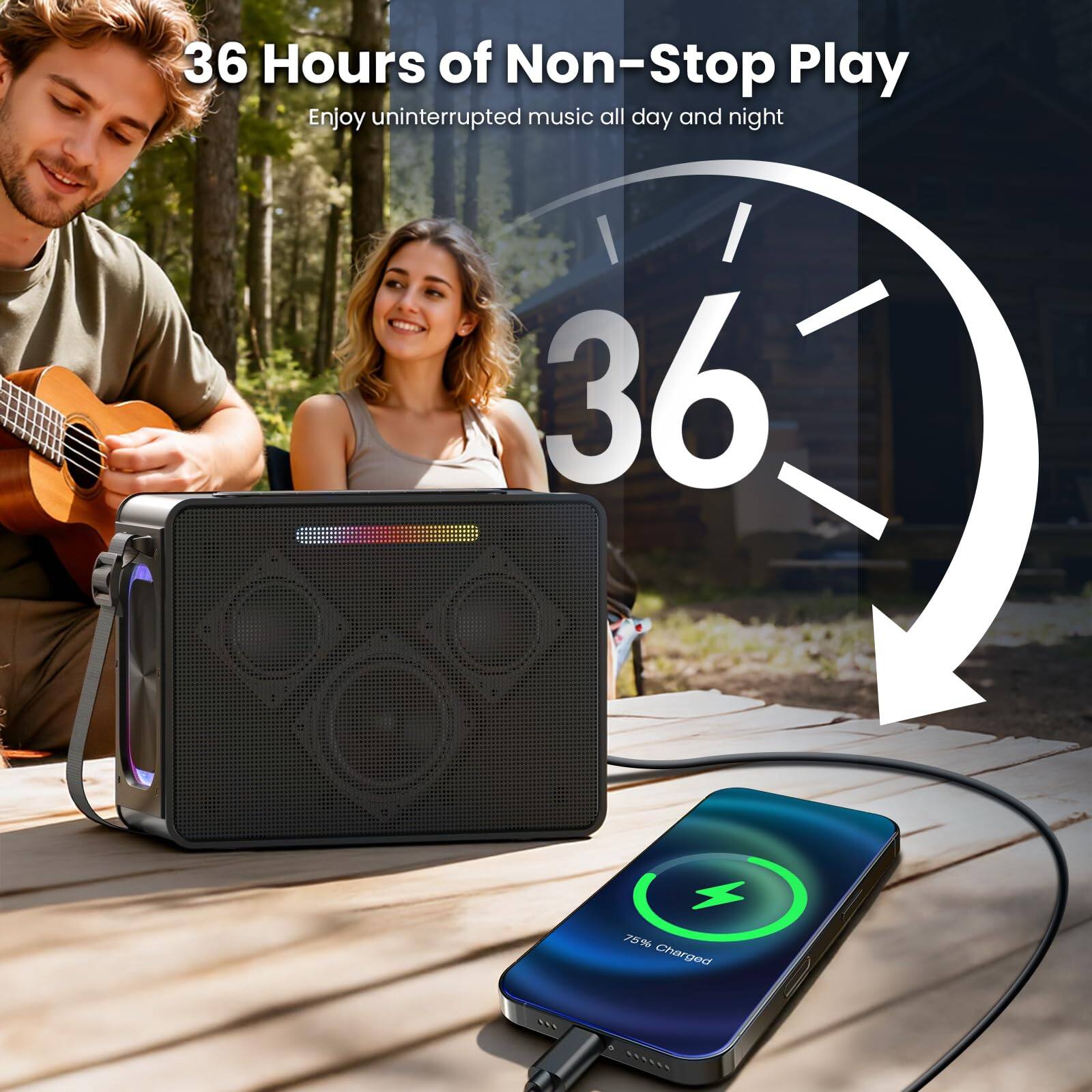 36 Hours of Non-Stop Play  
Enjoy uninterrupted music all day and night  

75% Charged